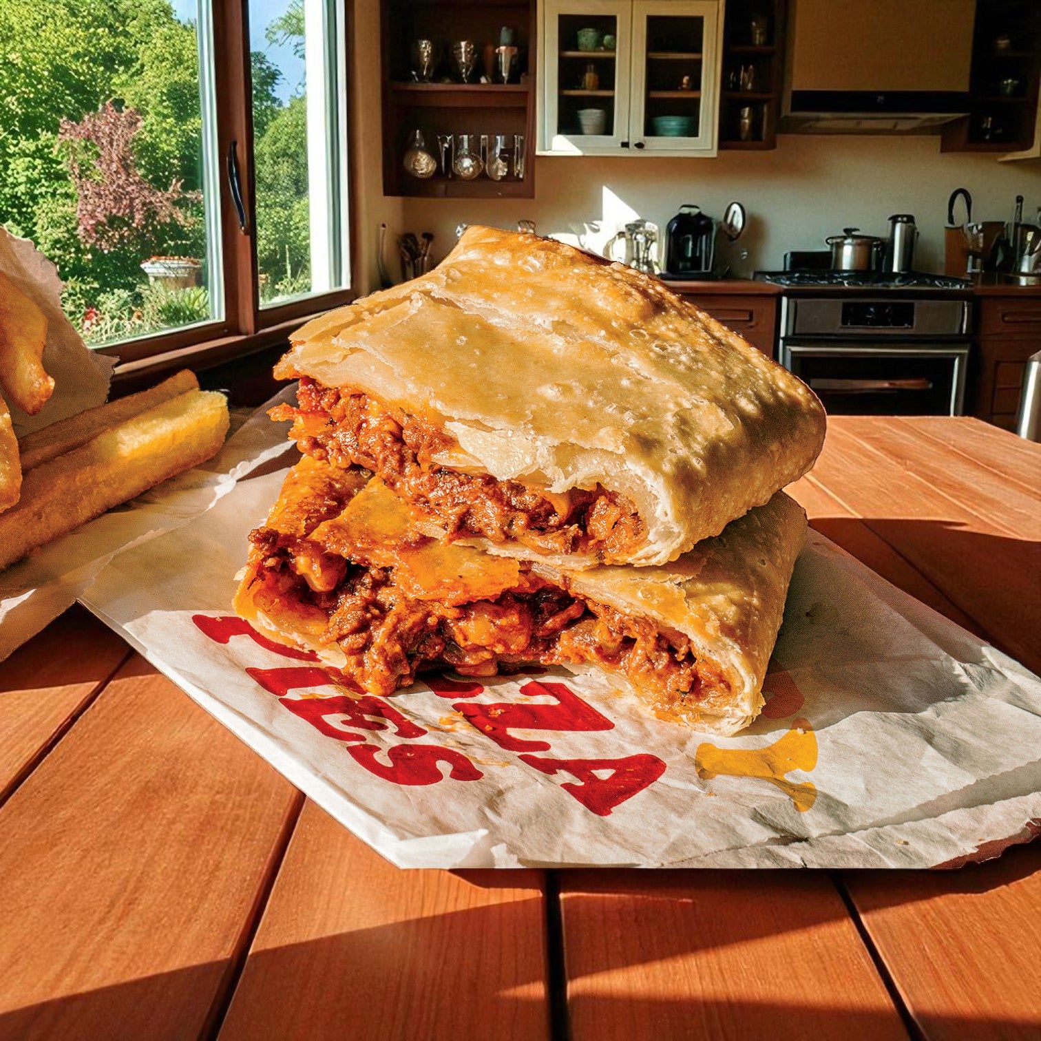 Itaco Foods Original Pizza Puff - Sausage, a classic Chicago snack with thick crust and savory meat filling, comes in 3 packs (4 pizza puffs each, 24 oz total), shown on a paper wrapper in a sunlit kitchen.