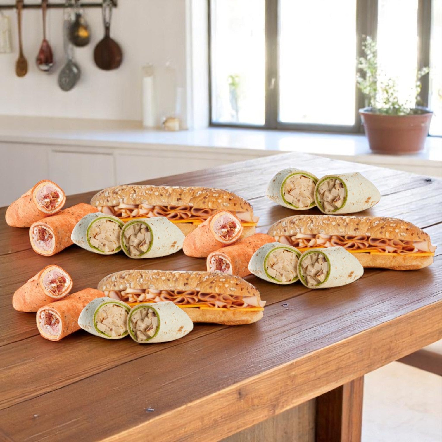 Ten E.A. Sween wraps and subs from the E.A. Sween 10-Pack Wrap & Sub Sandwich Bundle with 10 Assorted Snack Chips are displayed on a wooden kitchen table, along with chips, utensils, and a plant in a bright modern kitchen.