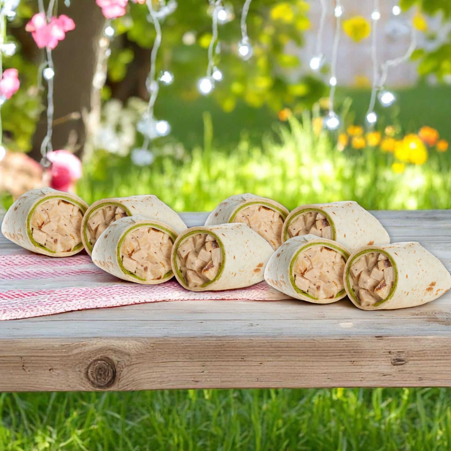 The E.A. Sween 10-Pack Wrap & Sub Sandwich Bundle with 10 Assorted Snack Chips is displayed on a wooden table outdoors—ideal for a flavorful grab-and-go meal or as part of your next group gathering.