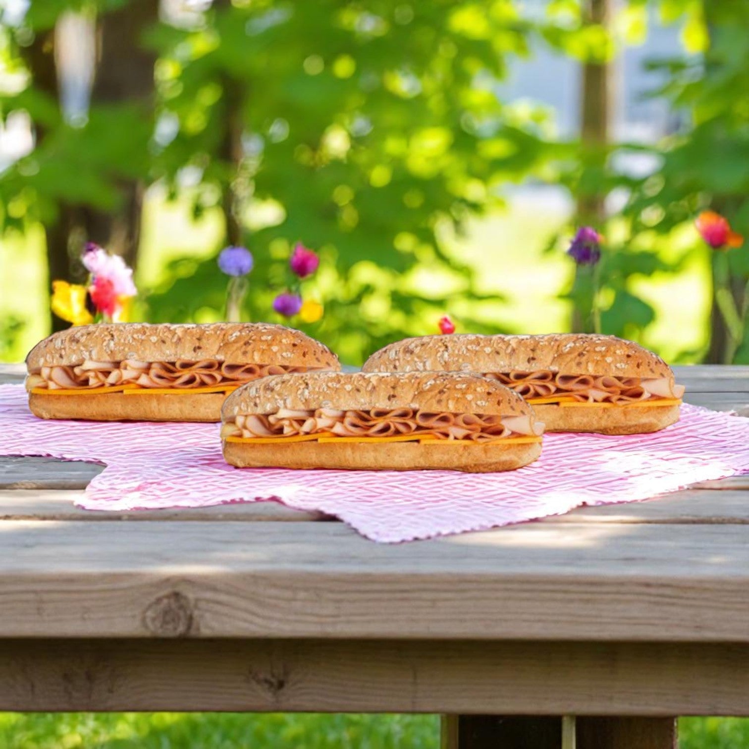 The E.A. Sween 10-Pack Wrap & Sub Sandwich Bundle with 10 Assorted Snack Chips is perfect for picnics, offering delicious grab-and-go sandwiches and snacks outdoors with greenery and flowers in the background.