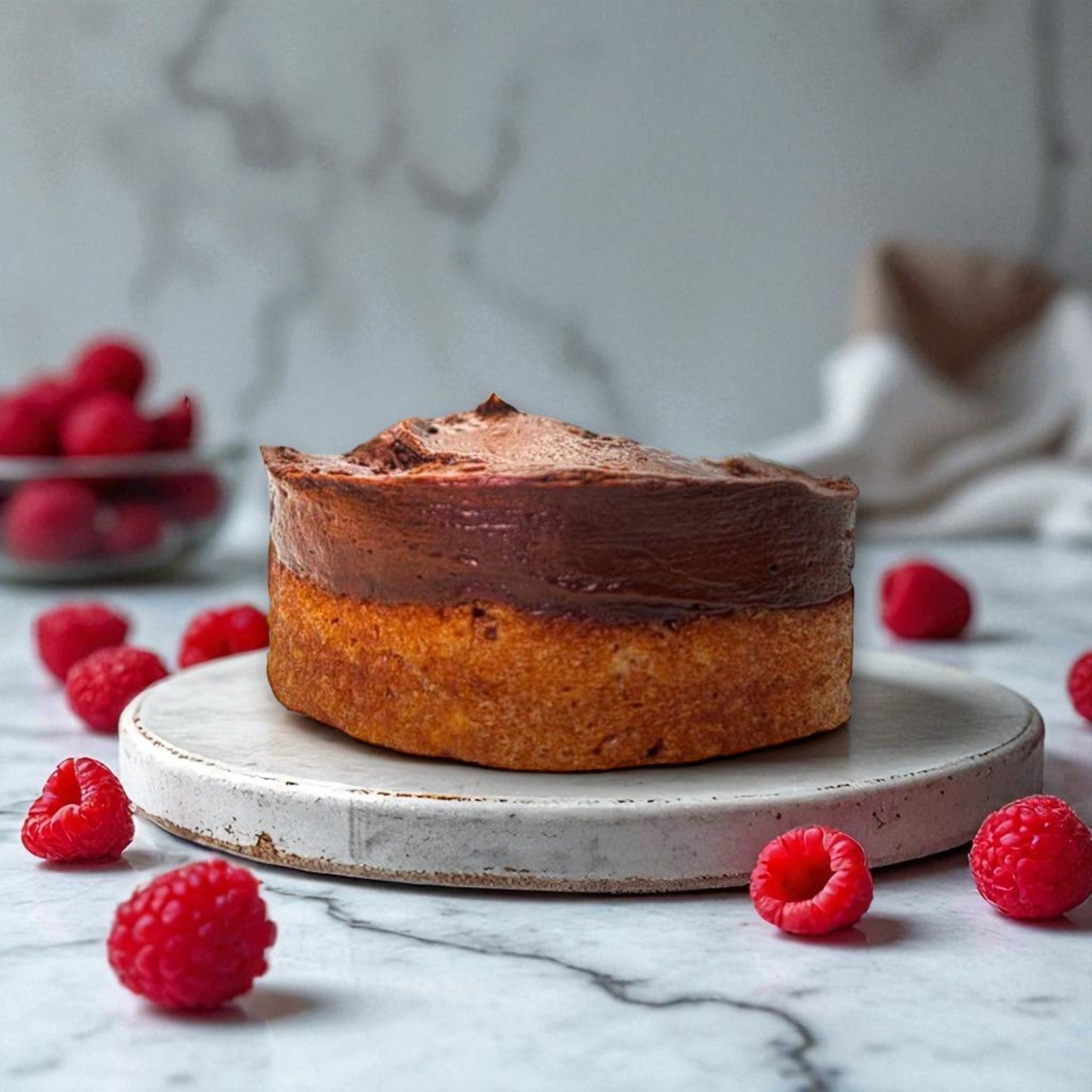 The Eat Cup Cake, Chocolate Cake Cup – 2.5 oz (Spoon Included) from Eat Cup Cake sits on a ceramic plate with fresh raspberries on a marble surface—perfect for an on-the-go snack.