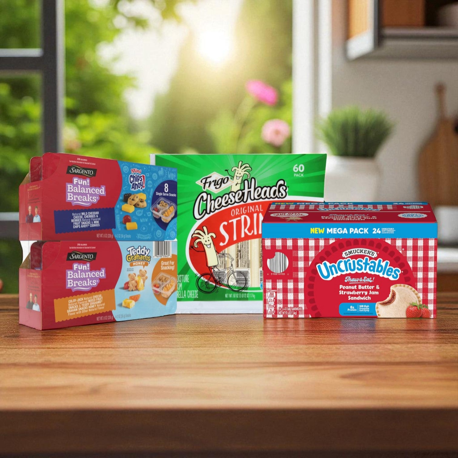 School Lunch Box Essentials - 24 Smucker’s Uncrustables Peanut Butter & Strawberry Jam, 8 Sargento Fun! Balanced Breaks® Variety Snack Kit, and 60 Frigo Cheese Head s String Cheese Strings!