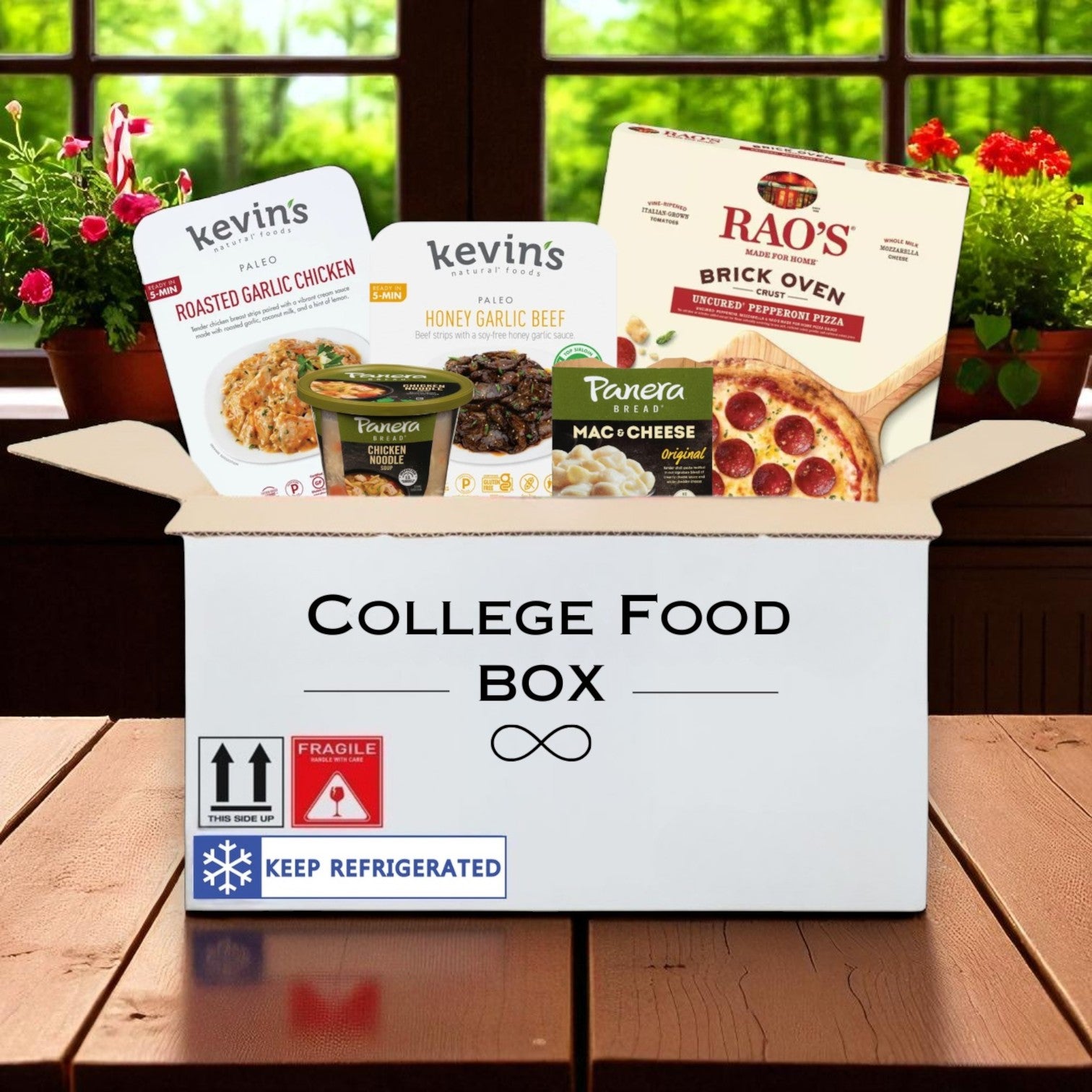 Endless Market’s College Food Box includes ready-to-heat Kevin’s beef & chicken, Panera soup & mac, and Rao’s pepperoni pizza—easy, convenient meals for college students.