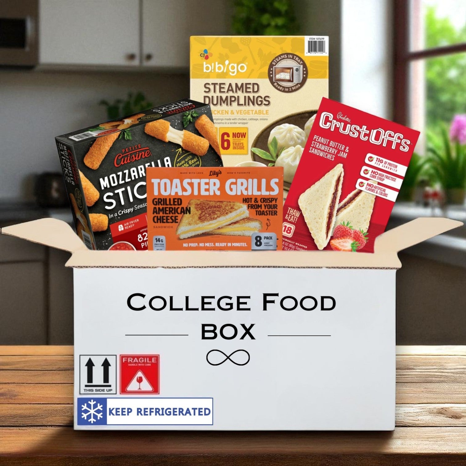 College Food Box - 36 Bibigo Dumplings, 18 Strawberry Crustoffs, 5 lb Mozzarella Sticks, 8 Grilled Cheese