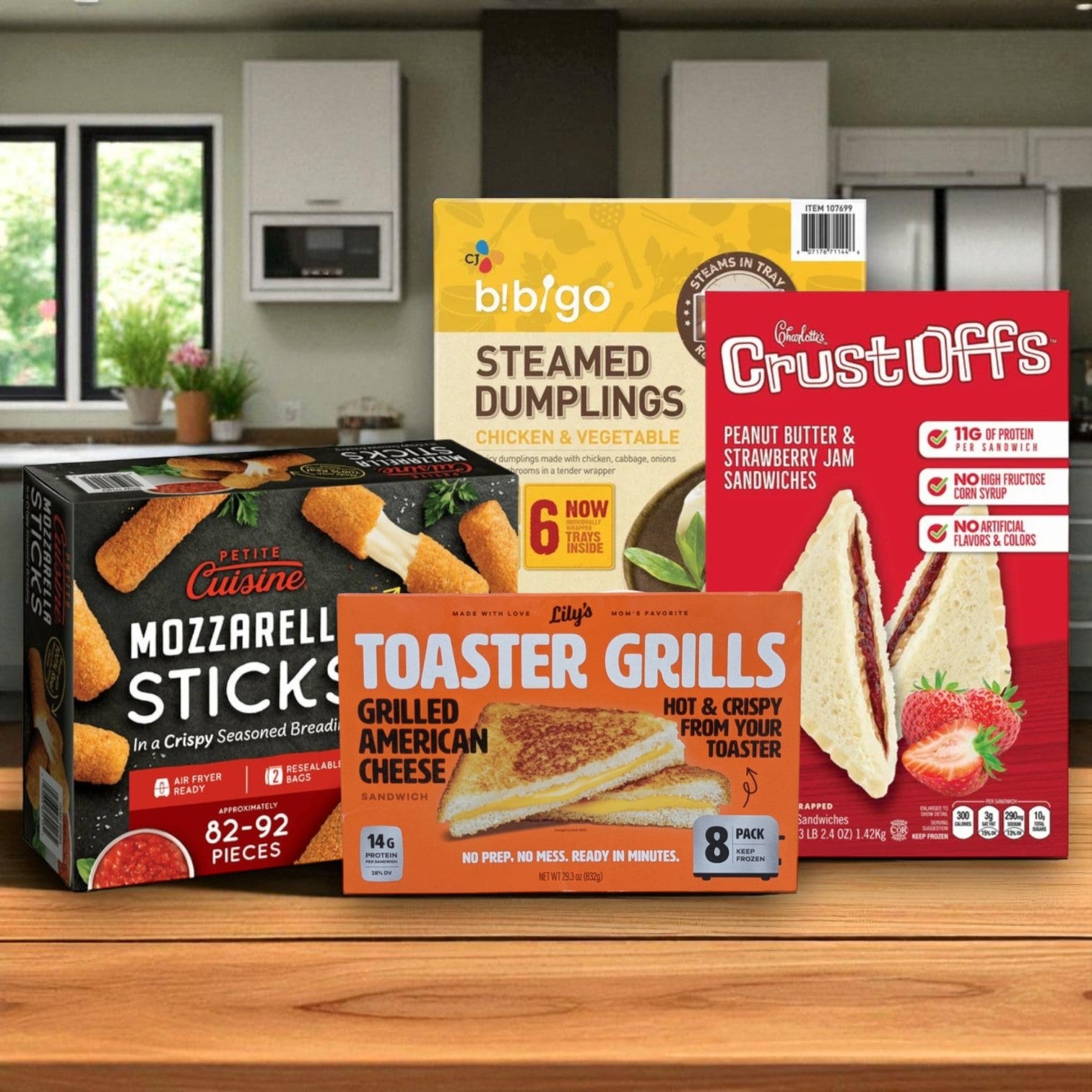 College Food Box - 36 Bibigo Dumplings, 18 Strawberry Crustoffs, 5 lb Mozzarella Sticks, 8 Grilled Cheese