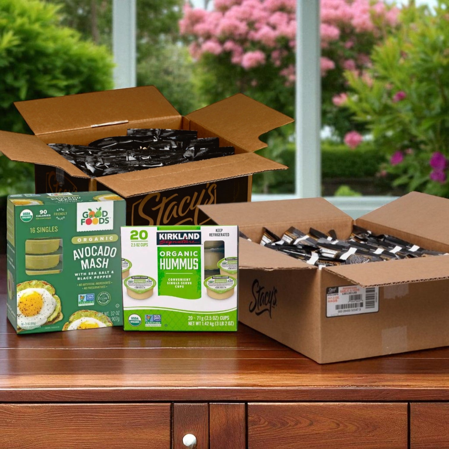 Snack Box — 48 Bags of Stacy's Pita Chips (24 Parmesan Garlic and Herb) and 16 Organic Avocado Mash, 20 Classic Hummus