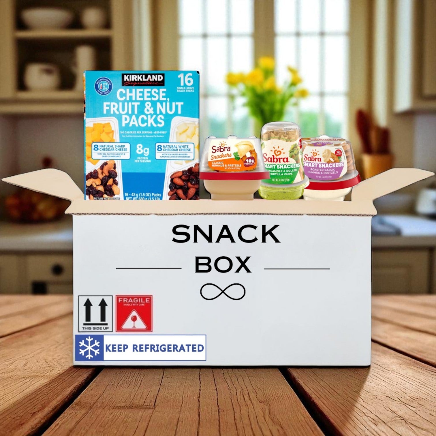 Snack Box - 12 Sabra Roasted Garlic Hummus, 12 Sabra Classic Hummus, 12 Sabra Guacamole & Tostitos, 16 Kirkland Cheese Fruit Nut Packs