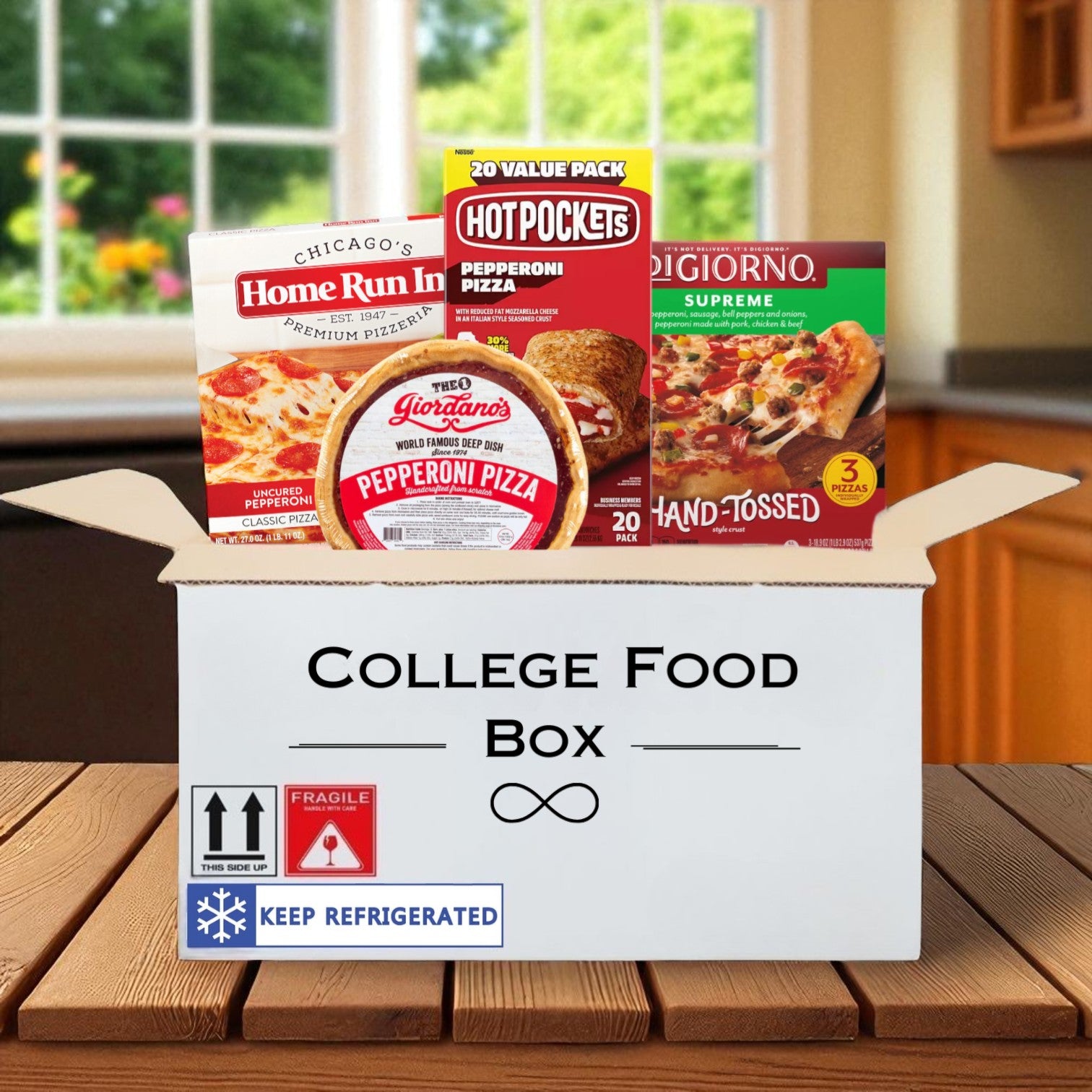 College Food Box - Family-Size & Single-Serve Pizza Bundle — 1 Home Run Inn, 1 Giordano’s Deep Dish, 20 Hot Pockets, 3 DiGiorno Supreme