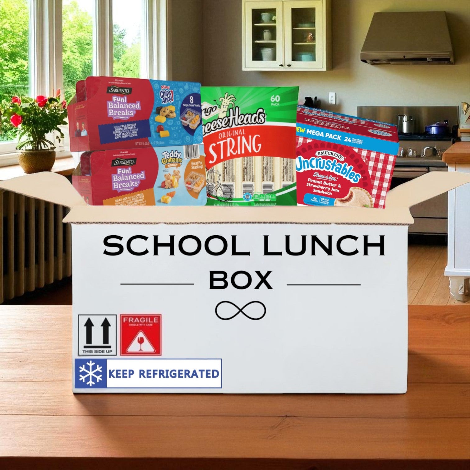 School Lunch Box Essentials - 24 Smucker’s Uncrustables Peanut Butter & Strawberry Jam, 8 Sargento Fun! Balanced Breaks® Variety Snack Kit, and 60 Frigo Cheese Head s String Cheese Strings!