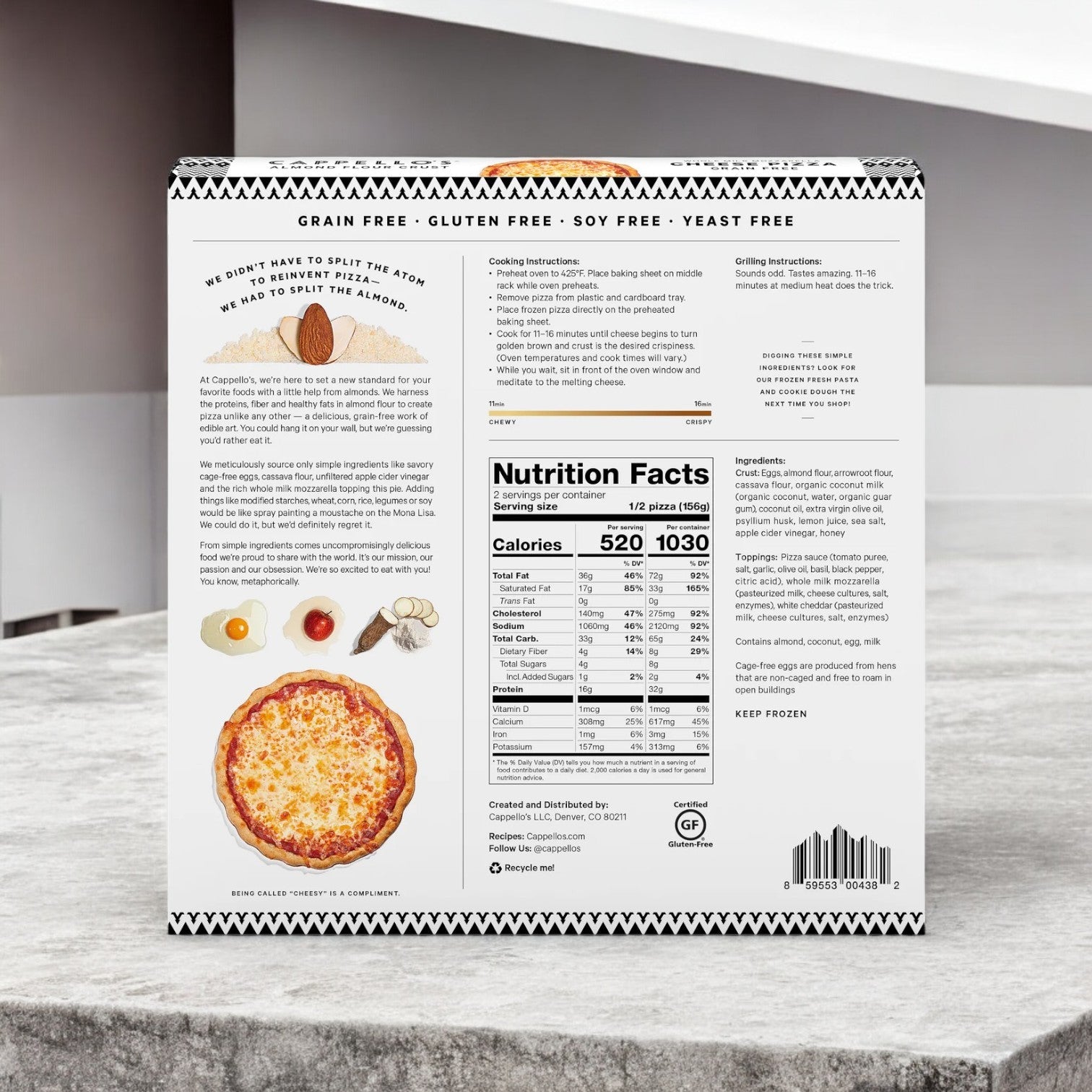 The back of the Cappello's 3 Pack Pizza Combo box shows text, ingredients, and nutrition facts with cooking instructions. Flat-lay images highlight a tasty mix of tomatoes, garlic, onion, basil leaf, and a grain-free crust crafted from non-GMO ingredients for the perfect pizza.