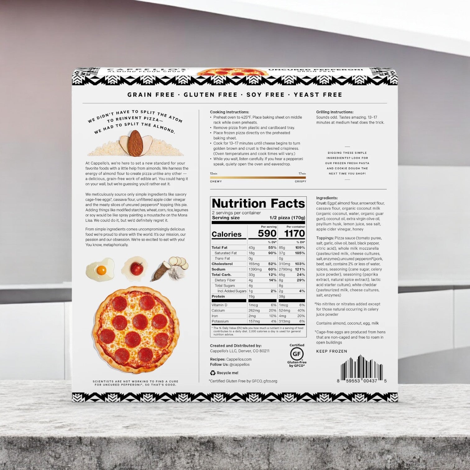 Cappello's 3 Pack Pizza Combo box on the kitchen counter showcases nutritional facts and cooking instructions. Enjoy a delicious blend of non-GMO ingredients with a grain-free crust made from fresh almonds and eggs, offering an irresistible pizza experience.