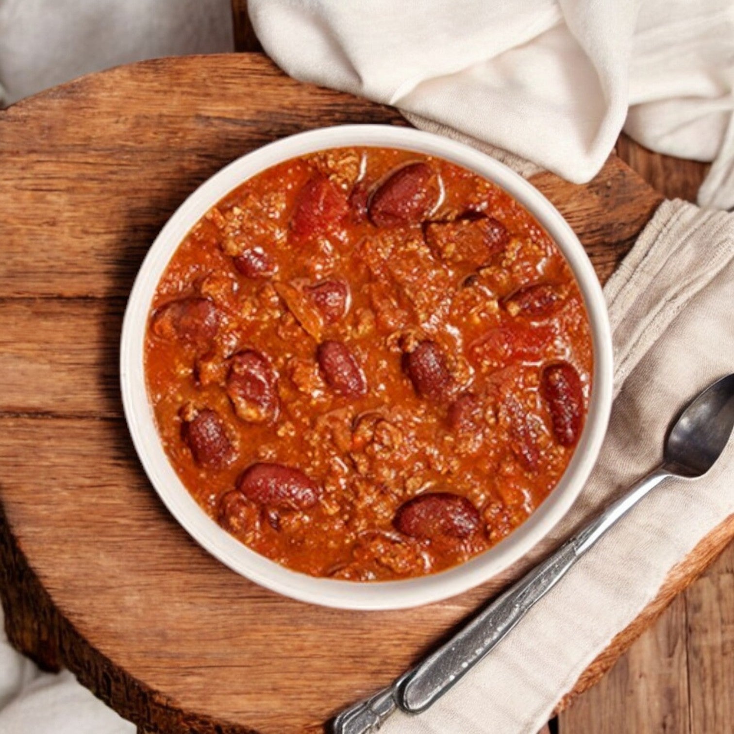 A bowl of robust Cheli's Chili, part of the Bistro Soups by Vienna Beef collection, featuring beans and meat in a Chicago-style flavor, sits on a wooden surface with a metal spoon and white cloth, echoing the vibrant essence of classic Chili Dog Chili.