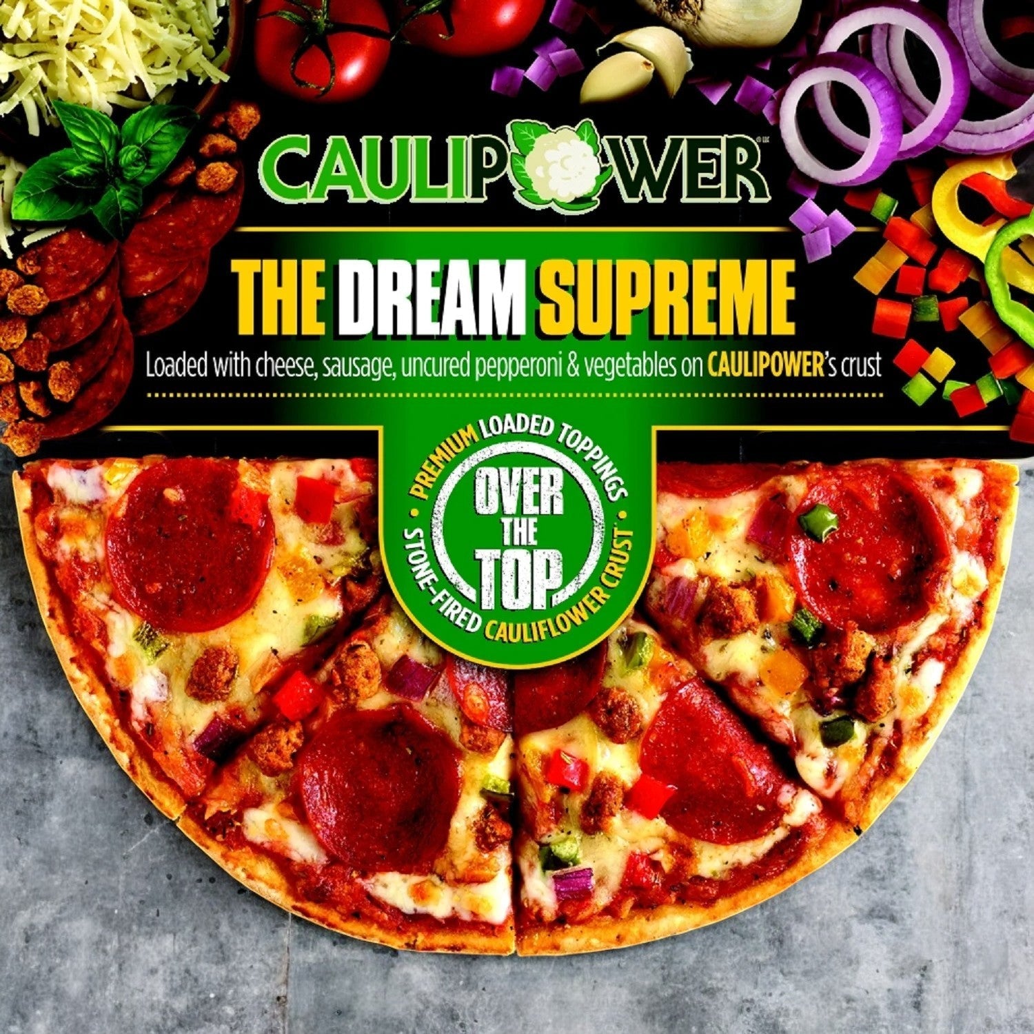 A packaged Caulipower OTT Cauliflower Thin Crust Dream Supreme Tomato Sauce Pizza is shown, featuring pepperoni, cheese, sausage, and vegetables. It's a delicious low-carb option from CauliPower.