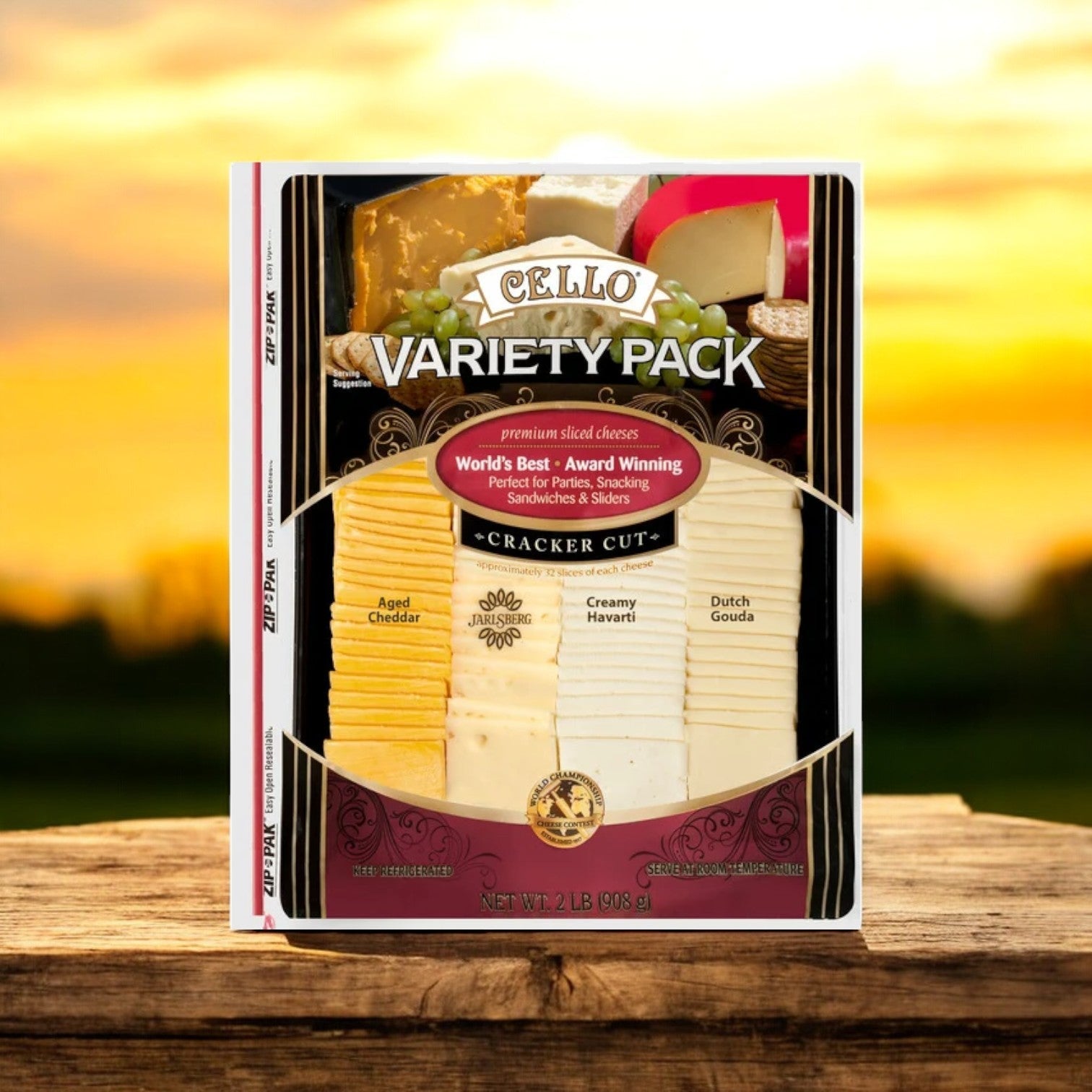 The Cello Variety Pack offers premium sliced cheeses, including aged cheddar, creamy Havarti, and Dutch gouda, ideal for a gourmet charcuterie board.