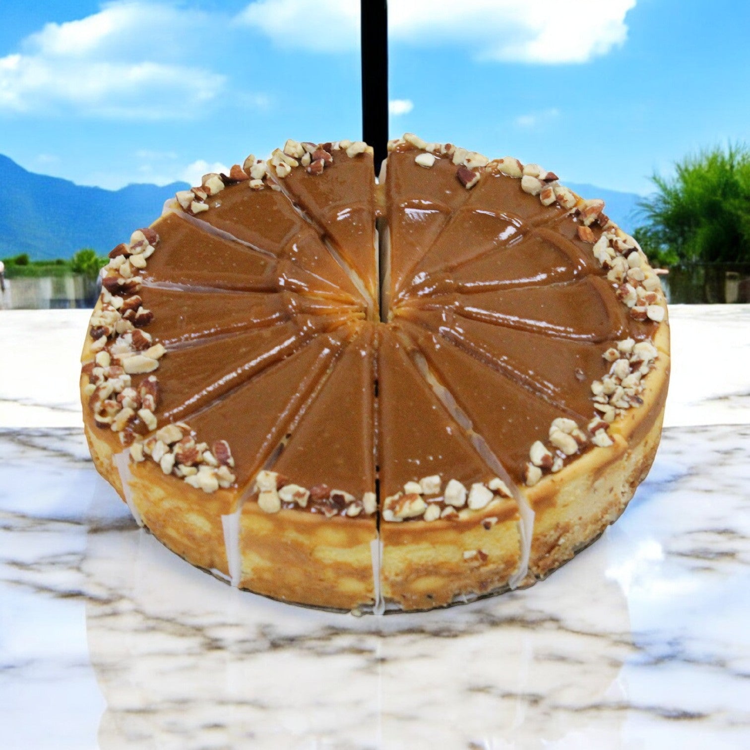 Eli's Cheesecake's Caramel Salted Cheesecake, a 9" delight, is beautifully adorned with chopped nuts and sliced into 14 elegant portions. Perfect for any scenic setting, it offers irresistible sweetness in each case of two cheesecakes.