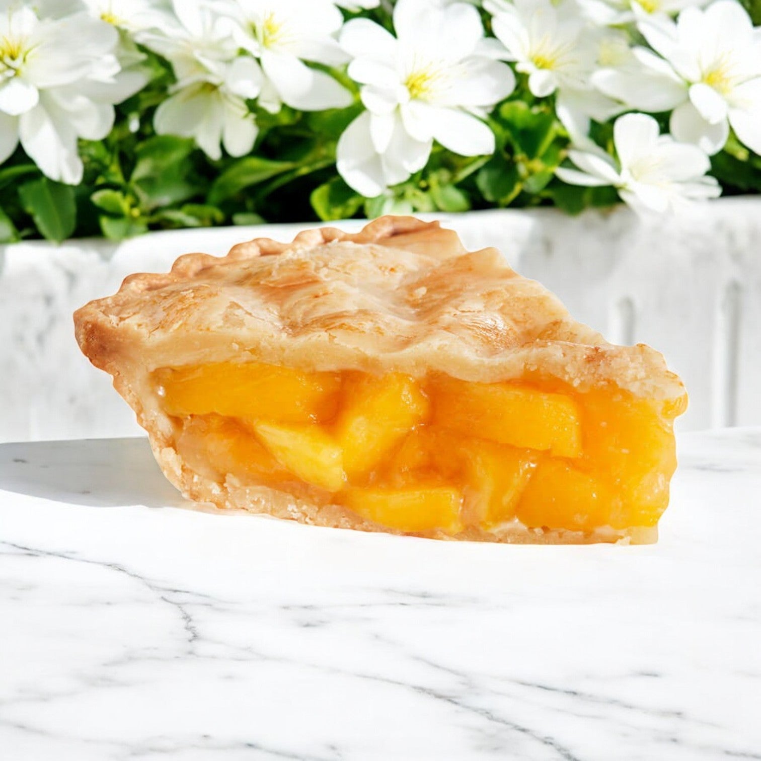 A slice of Chef Pierre Peach Pie, with a golden crust and baked to perfection, sits on marble. White flowers in the background add a contrasting spring-like touch.