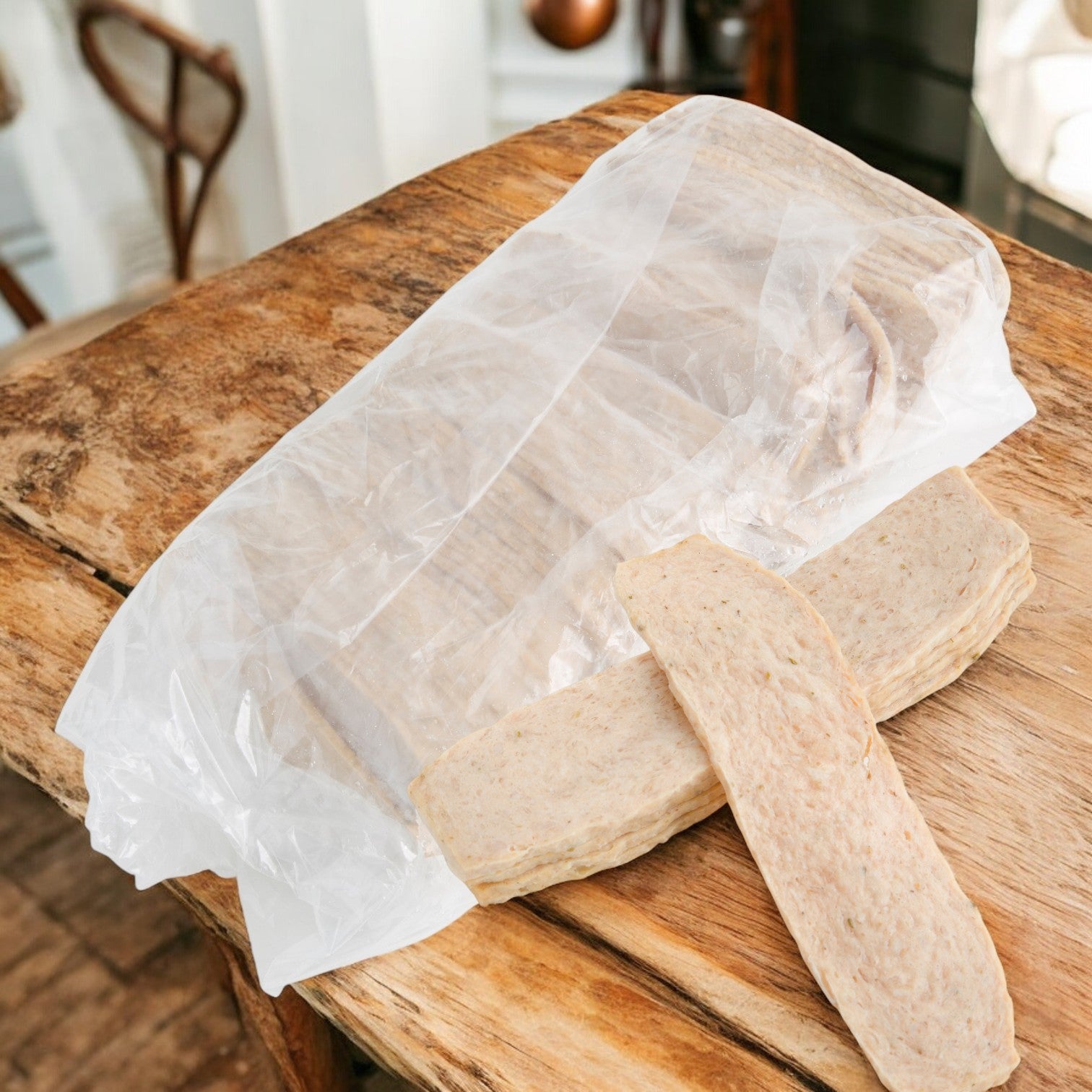 A partially open clear plastic bag reveals Sysco Classic Chicken Gyro Meat Sliced Precooked, ready to complement your Mediterranean dishes with its authentic taste.