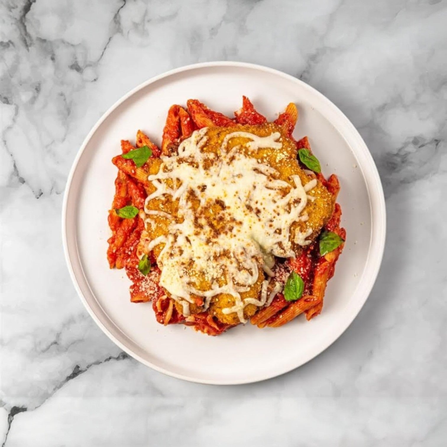 Savor a plate of penne pasta with tomato sauce, topped with FoodHaul's Chicken Parmesan by Fabio Viviani—a breaded, cheese-coated delight garnished with fresh basil, reminiscent of an Italian meal on marble.