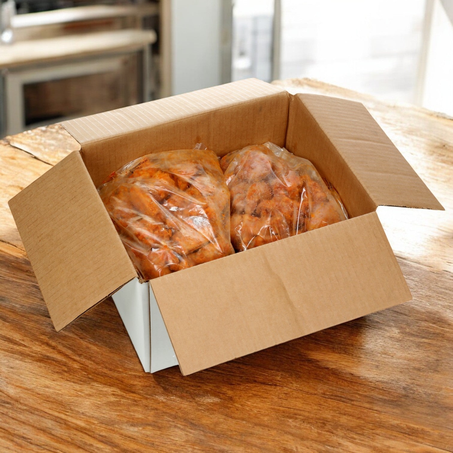 A cardboard box sits on the wooden table, holding two plastic bags filled with Sysco Classic Chicken Wings Fire Cooked 1&2 Joints Small. The reddish-brown wings weigh a total of 10 pounds.