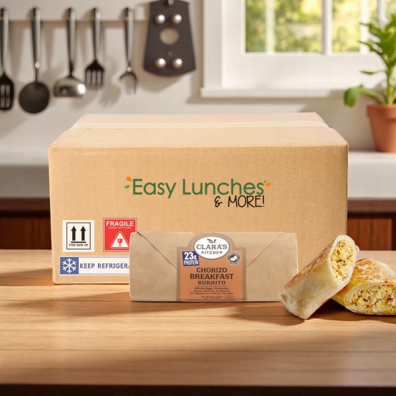 On the counter is a Clara's Kitchen delivery box holding an individually packaged Chorizo Breakfast Burrito from their 8 oz. 12 Pack, showcasing its savory filling ideal for quick meals.