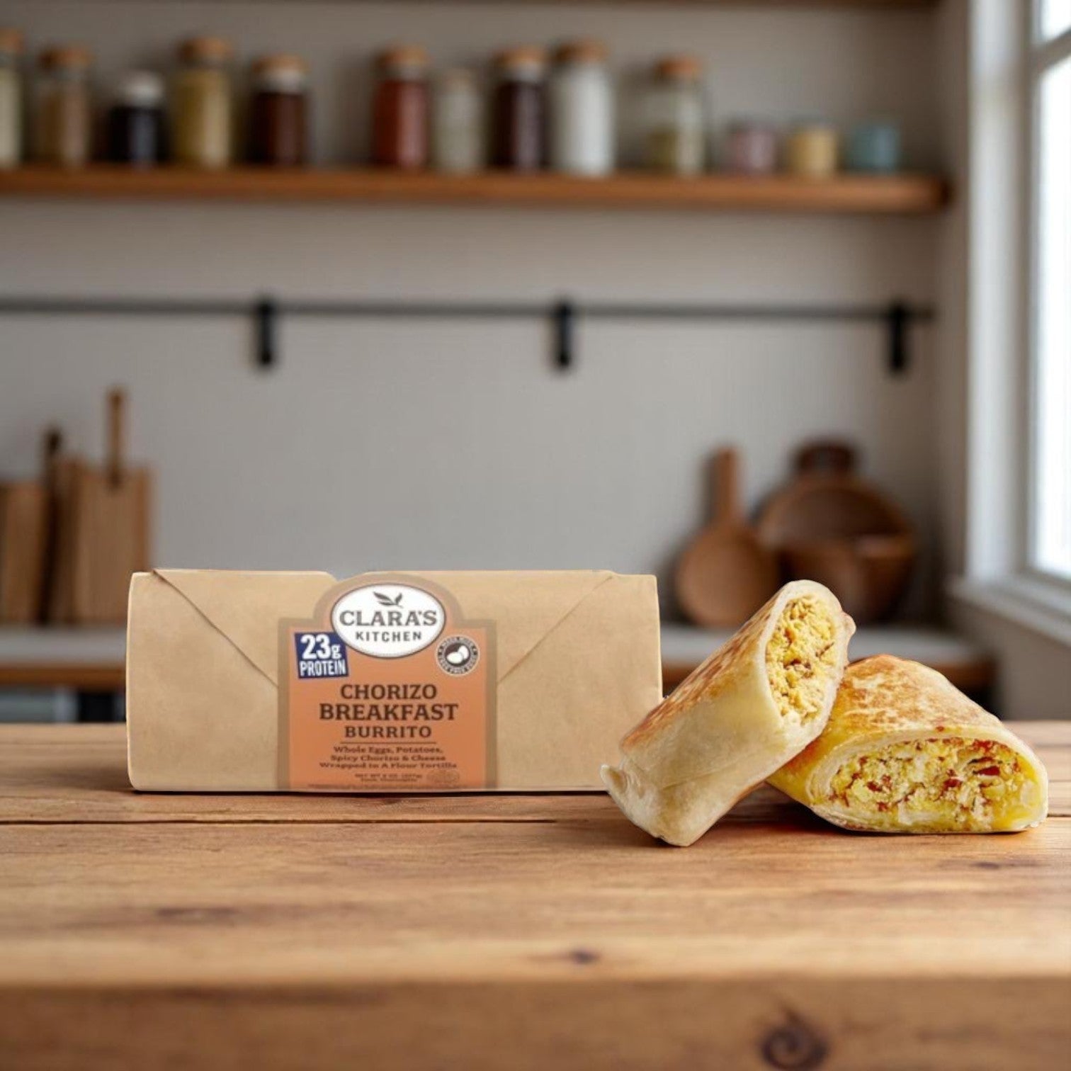 The 8 oz. Clara's Kitchen Individually Packaged Chorizo Breakfast Burrito rests invitingly on a wooden table, showcasing its hearty fillings. Ideal for grab-and-go meals, the burrito takes center stage against blurred shelves with jars in the background, highlighting its convenience.