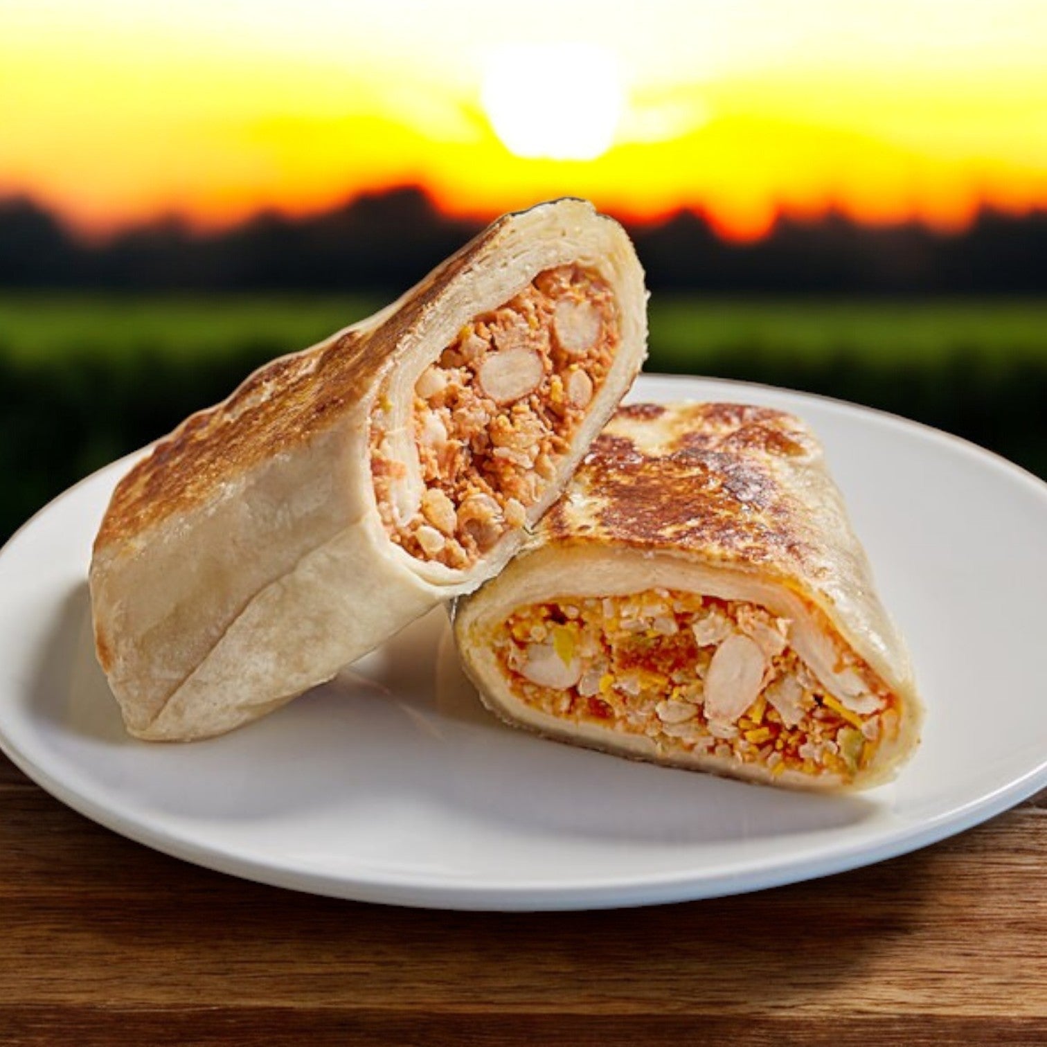 Two halves of a stuffed wrap with tortilla and chicken filling rest on a white plate, evoking Clara's Kitchen's Individually Packaged Vegan Bean & Cheese Burrito, set against the warm hues of a sunset backdrop.