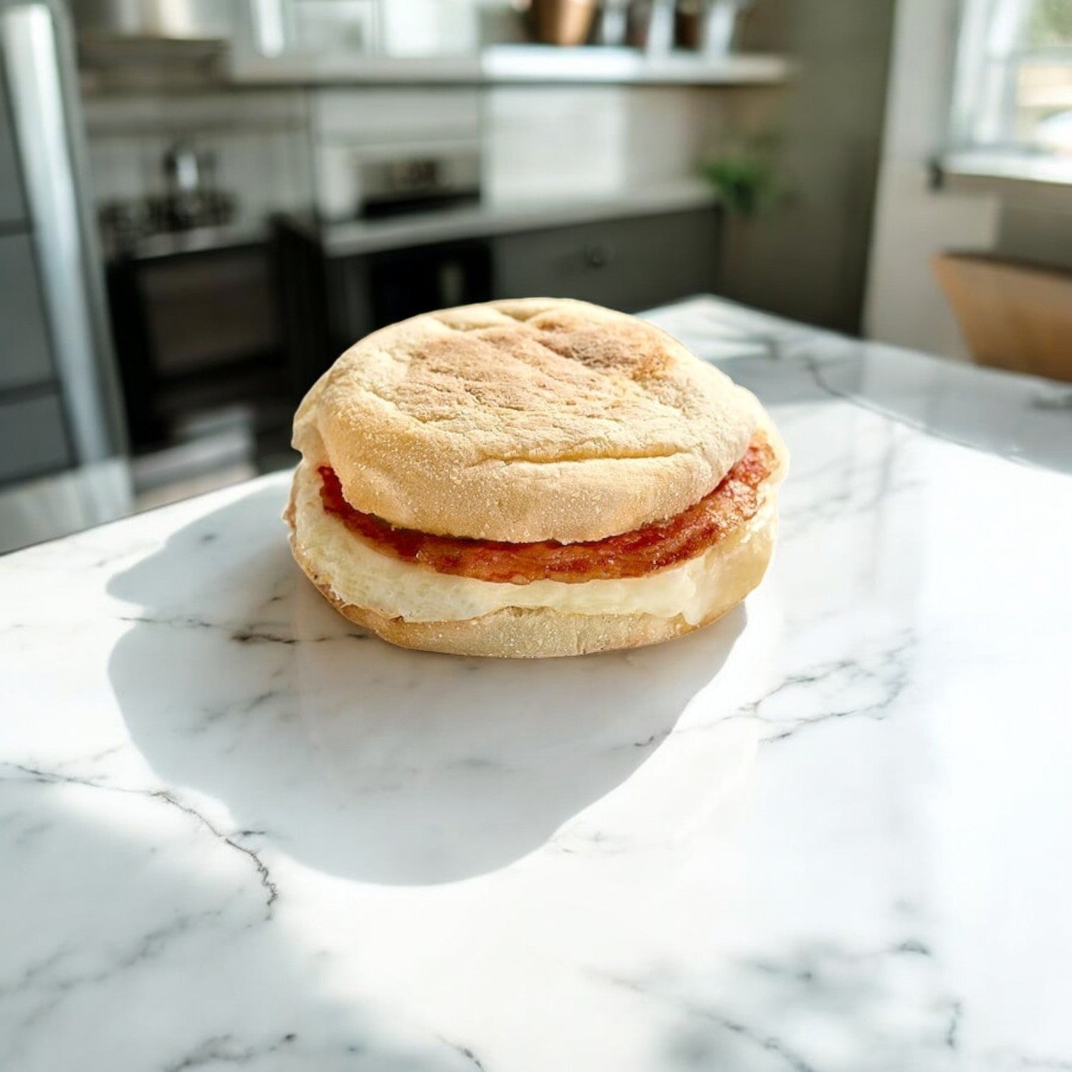 Clara's Kitchen Individually Packaged Bacon Breakfast Sandwich sits on a marble countertop, perfect for busy mornings when you need an on-the-go breakfast. Comes with egg and sausage on an English muffin, 12 per case.