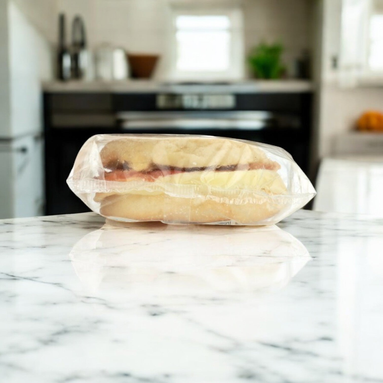 Clara's Kitchen Individually Packaged Bacon Breakfast Sandwiches, available in a 12 per case, sit on a marble countertop—ideal for quick on-the-go breakfasts.