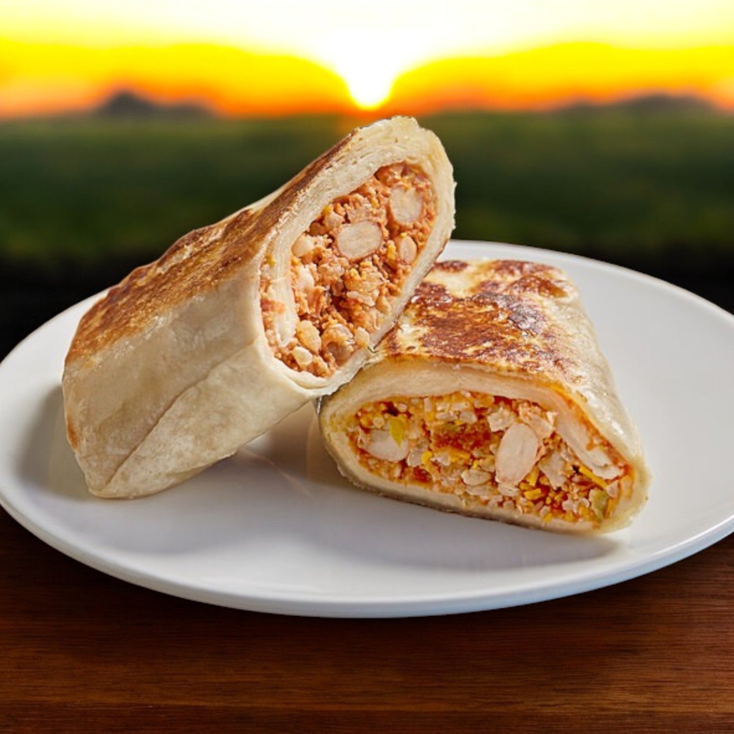 A Clara's Kitchen Bean & Cheese Burrito, sliced in half and presented on a white plate with scrambled eggs, chicken, uncured bacon, and veggies. A sunrise is visible in the background.