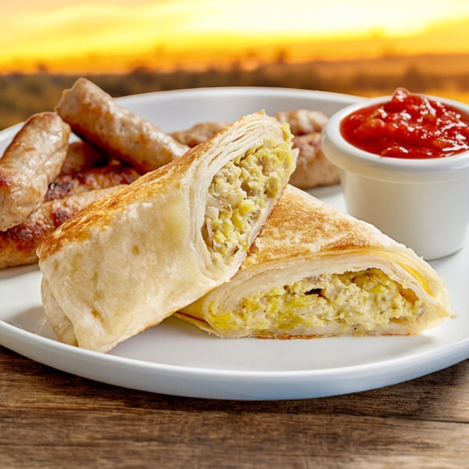 Clara's Kitchen Chicken Chile Burrito, sliced on a white plate, pairs with sausages and red sauce for a convenient on-the-go meal atop a wooden table.