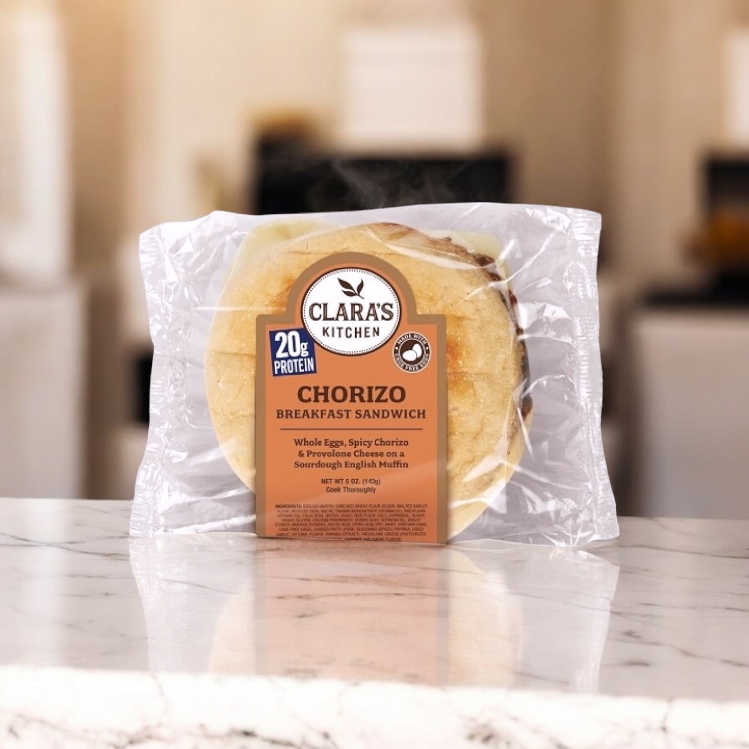 The Clara's Kitchen 5oz chorizo breakfast sandwich, featuring a sourdough English muffin, whole eggs, spicy chorizo, and pepper jack cheese, is your go-to convenient breakfast option.