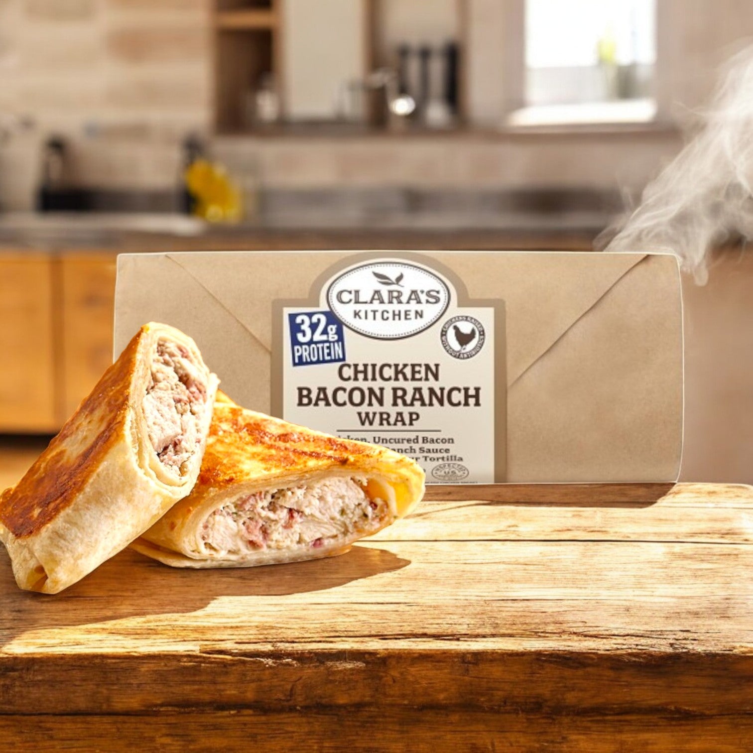 Clara's Kitchen Chicken, Bacon & Ranch Wrap - 8 oz. is a convenient meal choice, showcasing two steaming halves with savory filling in a cozy kitchen setting.