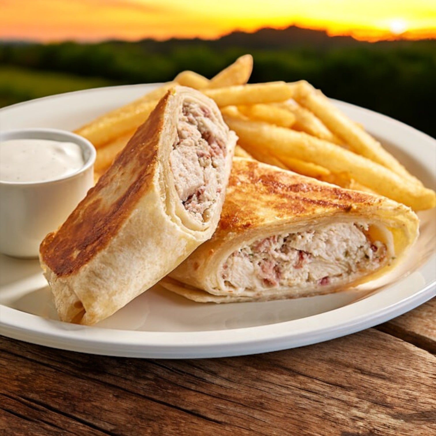 Clara's Kitchen Individually Wrapped Chicken, Bacon & Ranch Wrap - 8 oz. is cut in half and filled with a creamy mixture, served enticingly with crispy French fries and dipping sauce on a wooden table against a stunning sunset backdrop.
