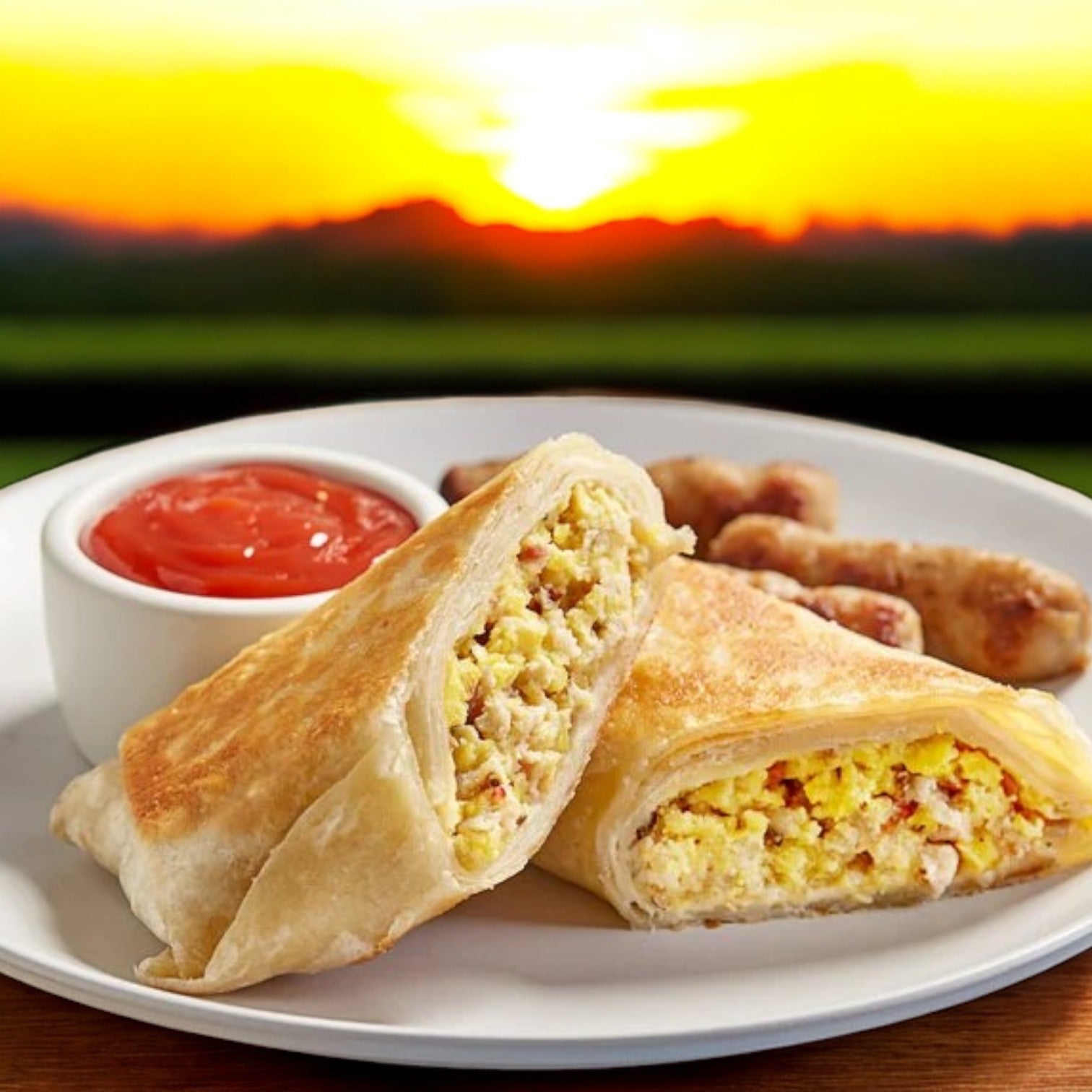 A serene sunrise backdrop features Clara's Kitchen Uncured Bacon Breakfast Burrito, cut open to reveal egg and bacon filling. Served with extra sausages and a small salsa bowl, this meal suits those who value convenience in packaging.