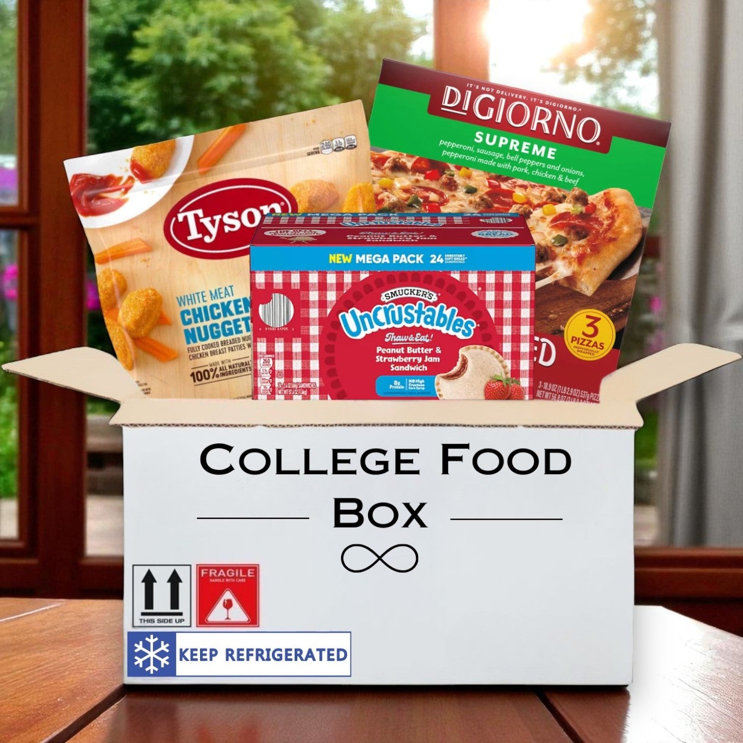 College Food Box – Ultimate Convenience Combo- 24 Uncrustables, 3 Pizzas and 5.5 Pounds of Chicken Nuggets!!