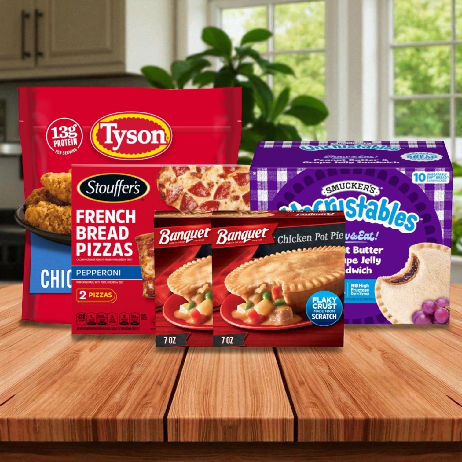 College Box Pack- 2 Banquet Chicken Pot Pies , 1 Smucker’s Uncrustables Peanut Butter & Grape Jelly Sandwiches (10 ct), 1 Stouffer’s Pepperoni French Bread Frozen Pizza (2 ct), 1 Tyson Frozen Crispy Chicken Breast Strips