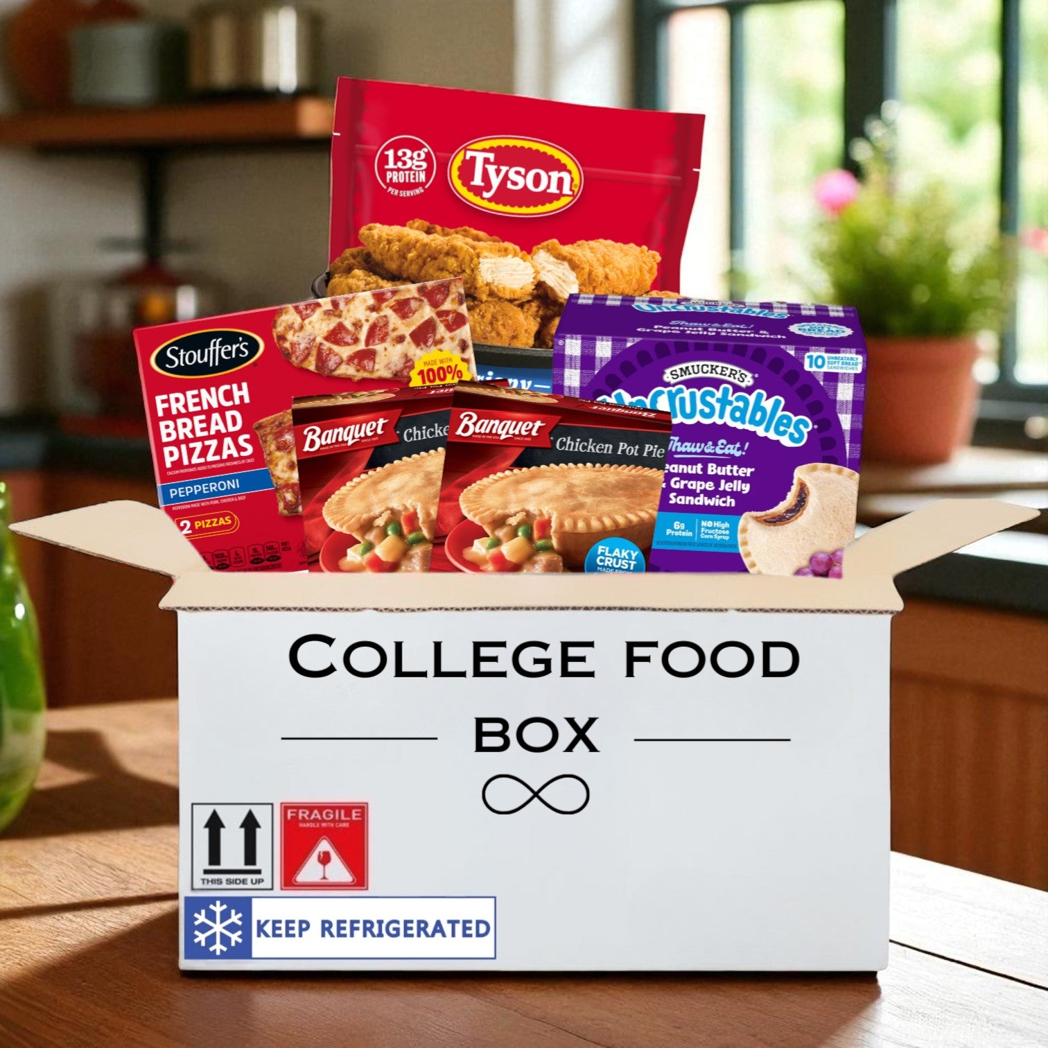 College Box Pack- 2 Banquet Chicken Pot Pies , 1 Smucker’s Uncrustables Peanut Butter & Grape Jelly Sandwiches (10 ct), 1 Stouffer’s Pepperoni French Bread Frozen Pizza (2 ct), 1 Tyson Frozen Crispy Chicken Breast Strips