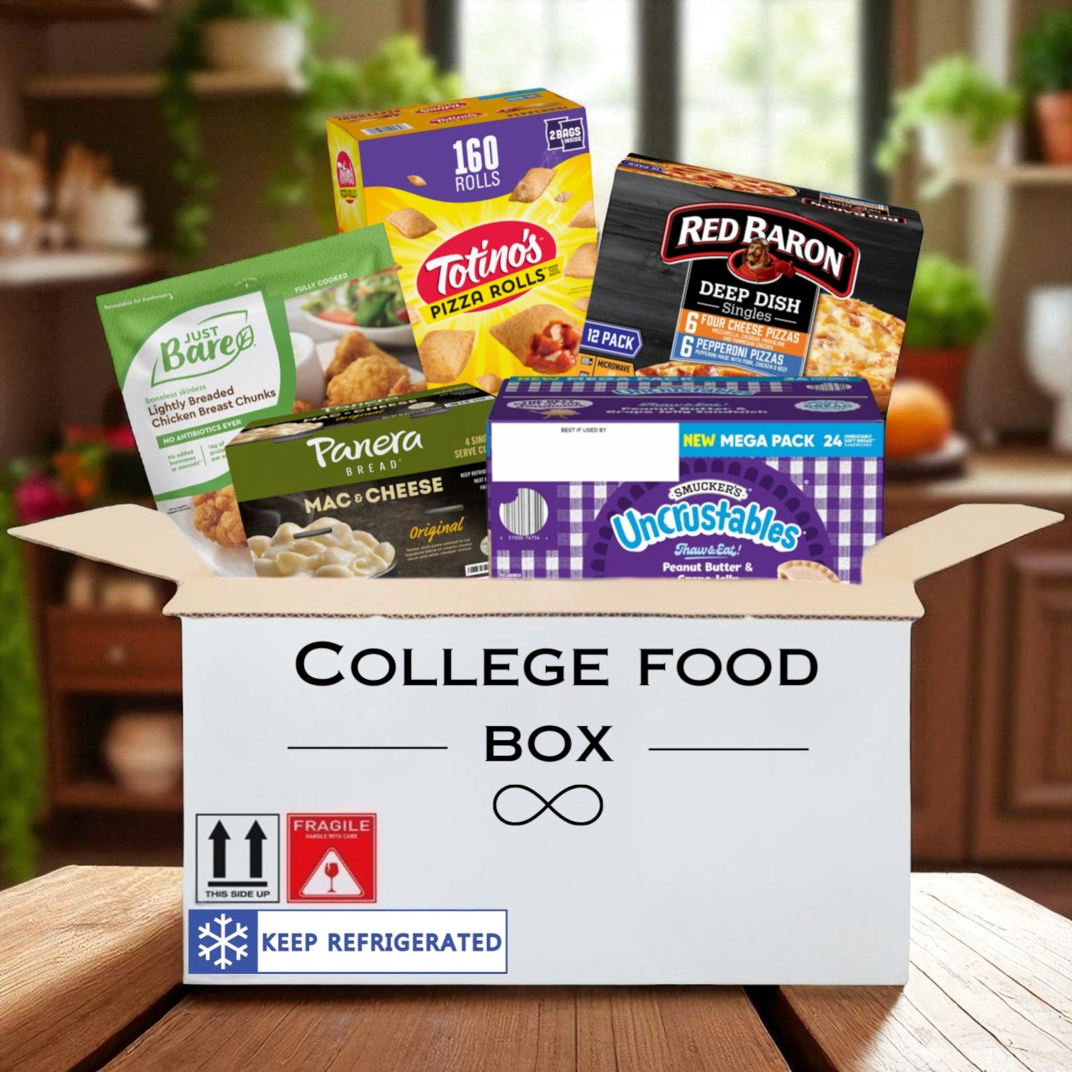 College Food Box - Just Bare Chicken Chunks 4lbs, Panera Mac & Cheese 2 Pack, Red Baron Deep Dish 12 Pack, Totino’s Pizza Rolls 79.8 oz, and Smucker’s Uncrustables Mega Pack 24 A Pack!