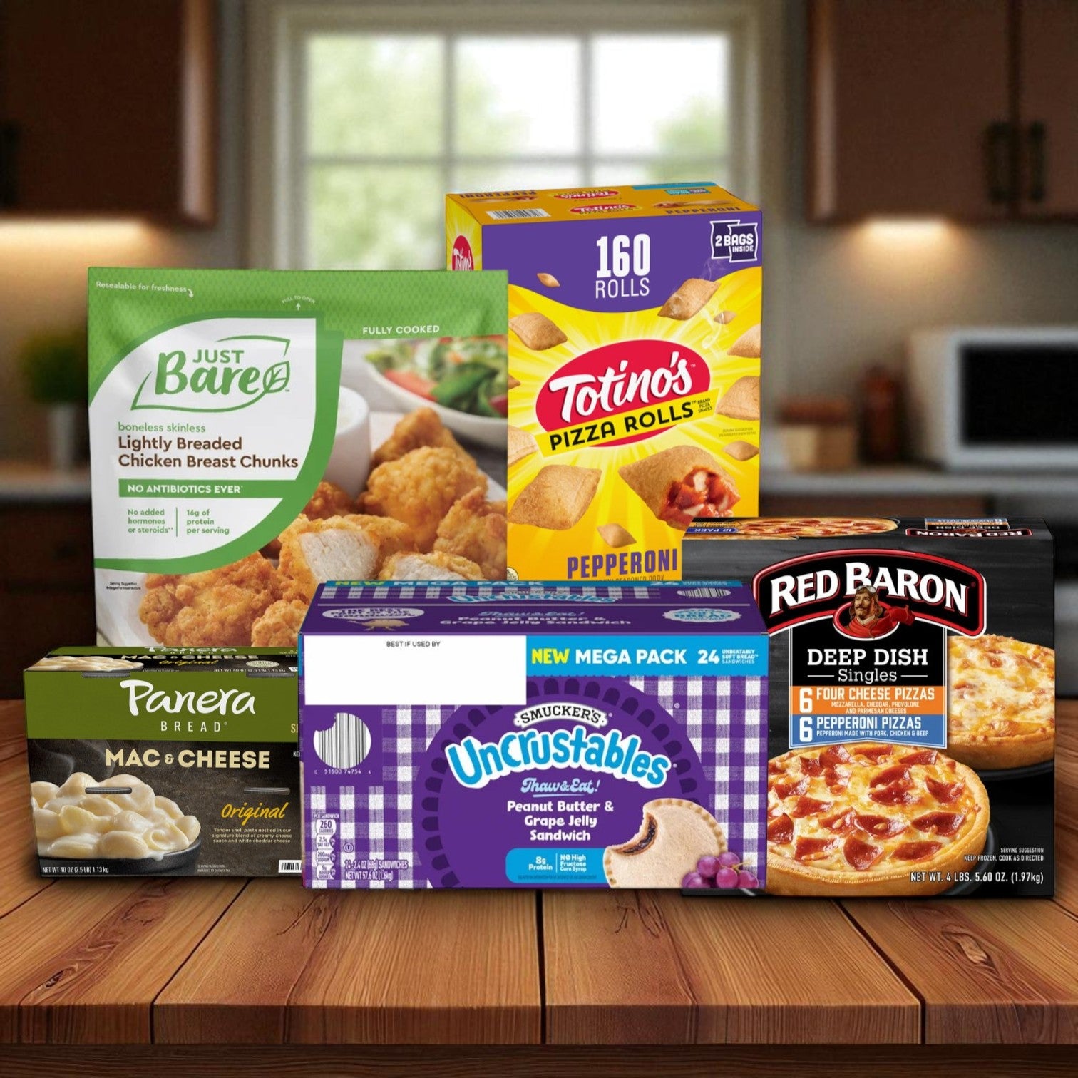 College Food Box - Just Bare Chicken Chunks 4lbs, Panera Mac & Cheese 2 Pack, Red Baron Deep Dish 12 Pack, Totino’s Pizza Rolls 79.8 oz, and Smucker’s Uncrustables Mega Pack 24 A Pack!