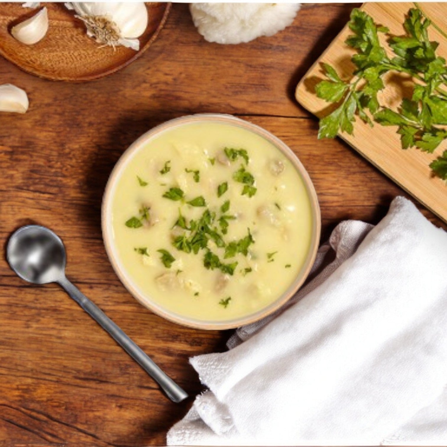 A bowl of Bistro Soups by Vienna Beef – Cream of Chicken with Rice Soup is garnished with chopped parsley on a wooden table alongside garlic cloves, a cutting board with parsley, a spoon, and a white cloth napkin, showcasing the premium ingredients in this exquisite dish.