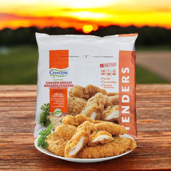 A 3 lb bag of Crescent Foods Chicken Breast Breaded Tenders is shown against a sunset background. These antibiotic-free, Halal chicken tenders from Crescent Foods are perfect for any meal.