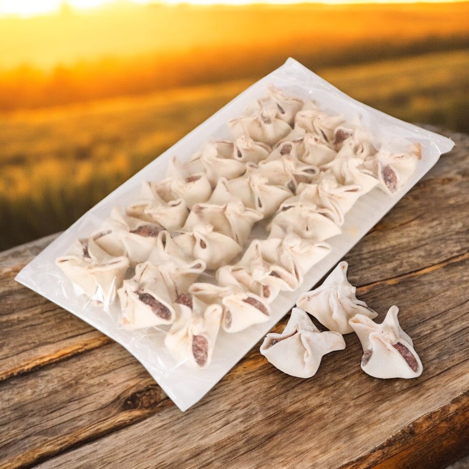 A sealed Cuisine Innovations Beef Wellington Appetizer 100-count frozen package sits on a wooden surface outdoors, with a few dumplings nearby and a sunset in the background—ideal as a gourmet starter for your next get-together.