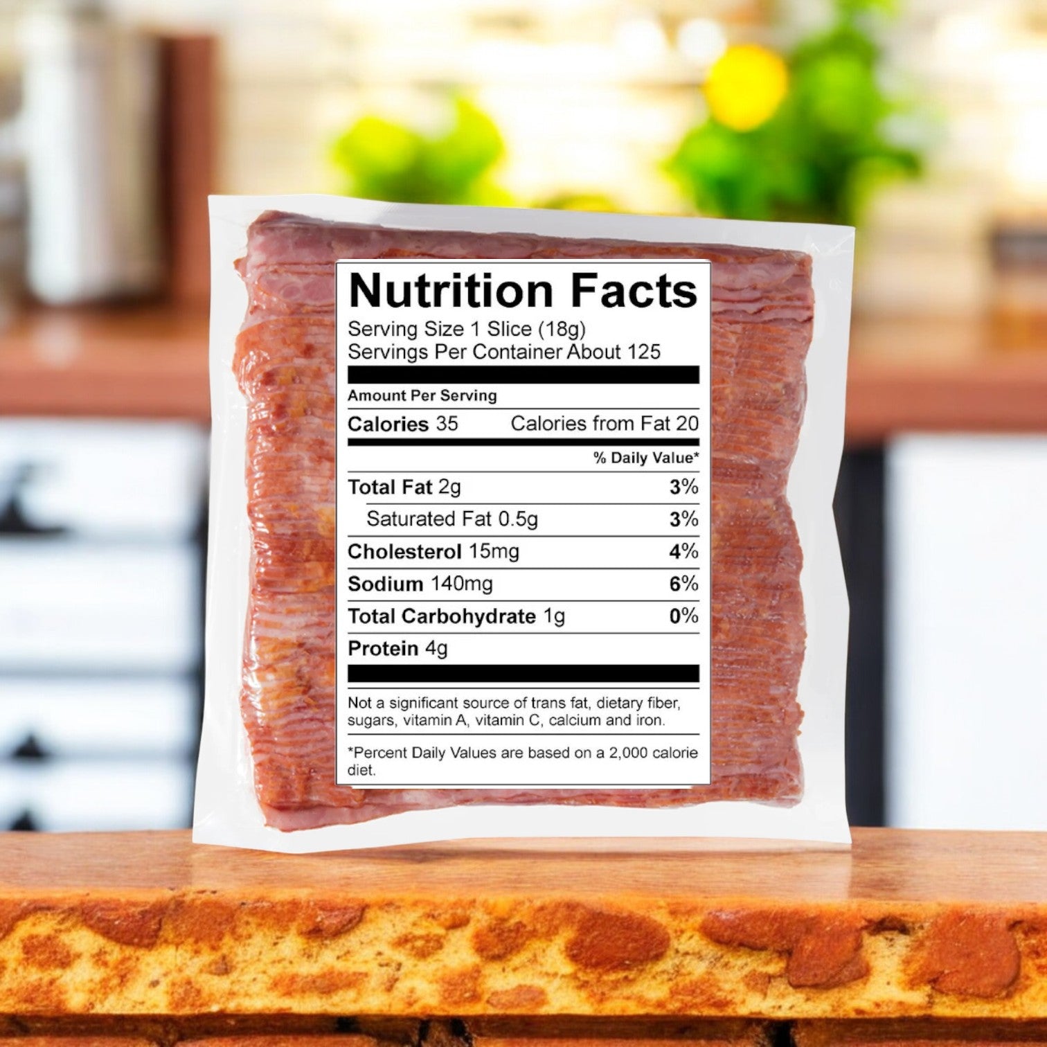 On a wooden table, there's a vacuum-sealed package of Deen Halal Turkey Bacon, Sliced, 5 lbs, featuring a nutrition facts label with details about calories, fat, sodium, and protein per serving.