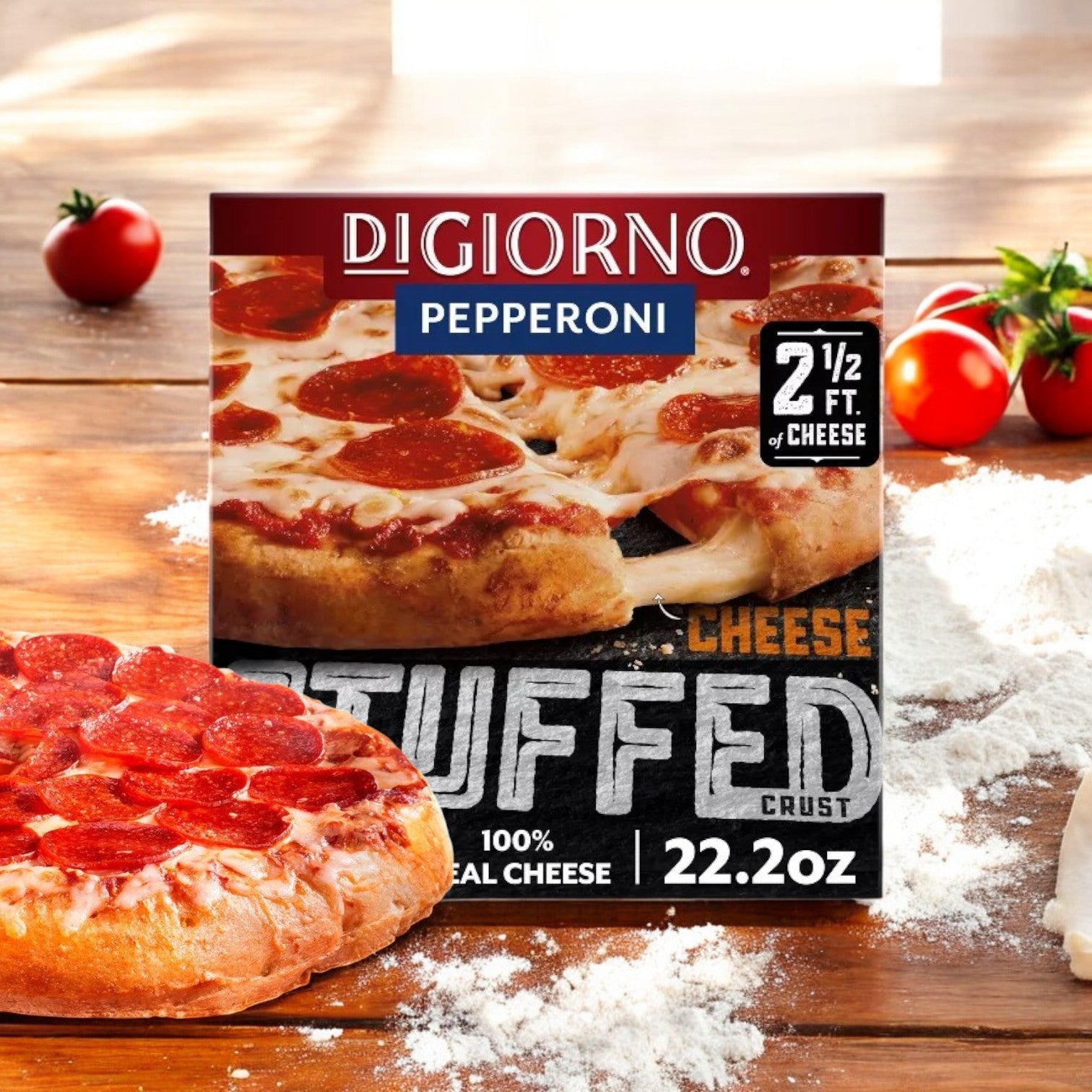 A DiGiorno Pepperoni Frozen Pizza with Cheese Stuffed Crust (22.2 oz) rests on a flour-dusted wooden surface, adorned with cherry tomatoes for color, while the cheesy stuffed crust tantalizingly emerges from the partially opened box.