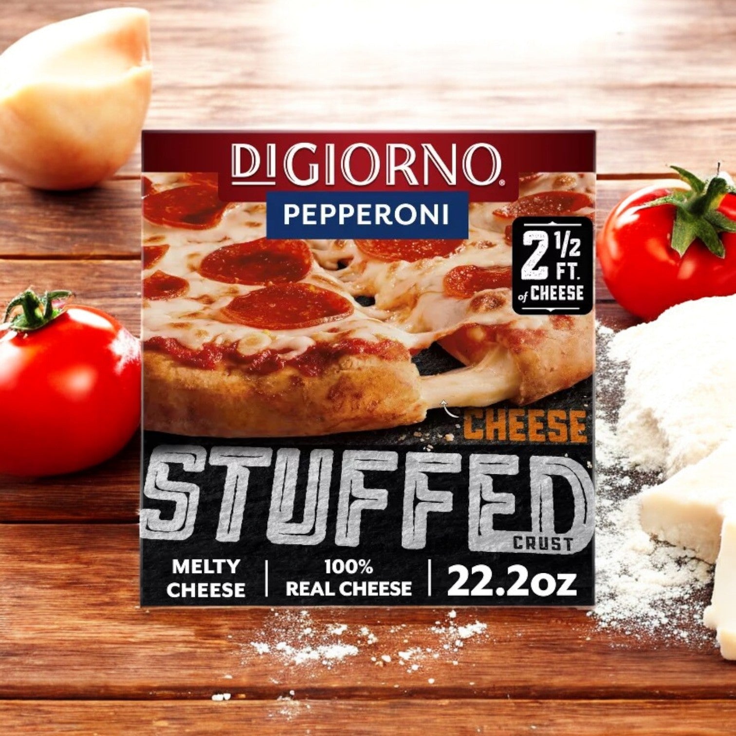 A DiGiorno Pepperoni Frozen Pizza with Cheese Stuffed Crust – 22.2 oz sits on a wooden surface with tomatoes, flour, and mozzarella cheese, boasting "2 1/2 ft. of Cheese" for an indulgent feast.