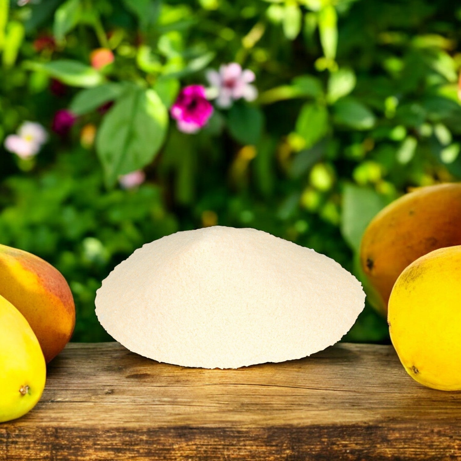 A wooden surface outdoors is adorned with a mound of white powder surrounded by ripe mangoes, suggesting the delicious tropical taste of Dole Soft Serve Mix Mango. The scene is enhanced by green leaves and pink flowers in the background, creating an inviting sensory experience.