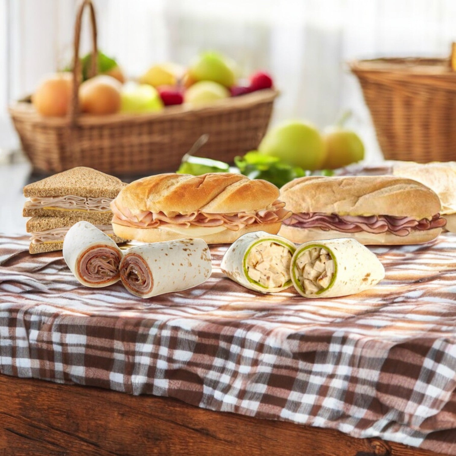 An assortment of E.A. Sween's Sandwich Combo 5 Items!– A Delicious Variety Pack is displayed on a checkered cloth, with baskets of fruit in the background.