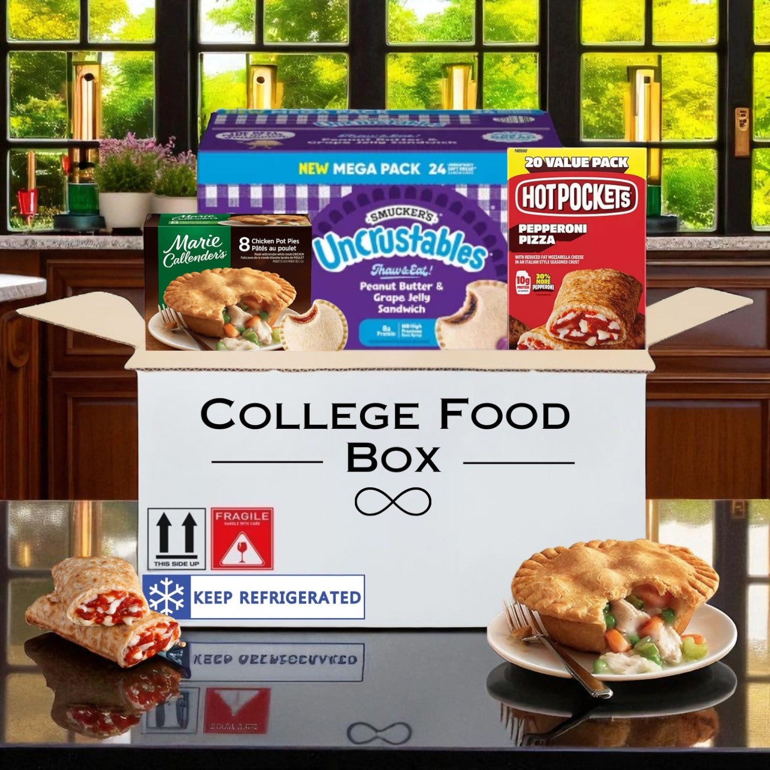 On a kitchen counter, an open "College Food Box- 52 Meals!" by Endless Market reveals Uncrustables, Hot Pockets, and Marie Callender’s pot pie—ideal quick meals for hungry college students—with a window and plants behind.