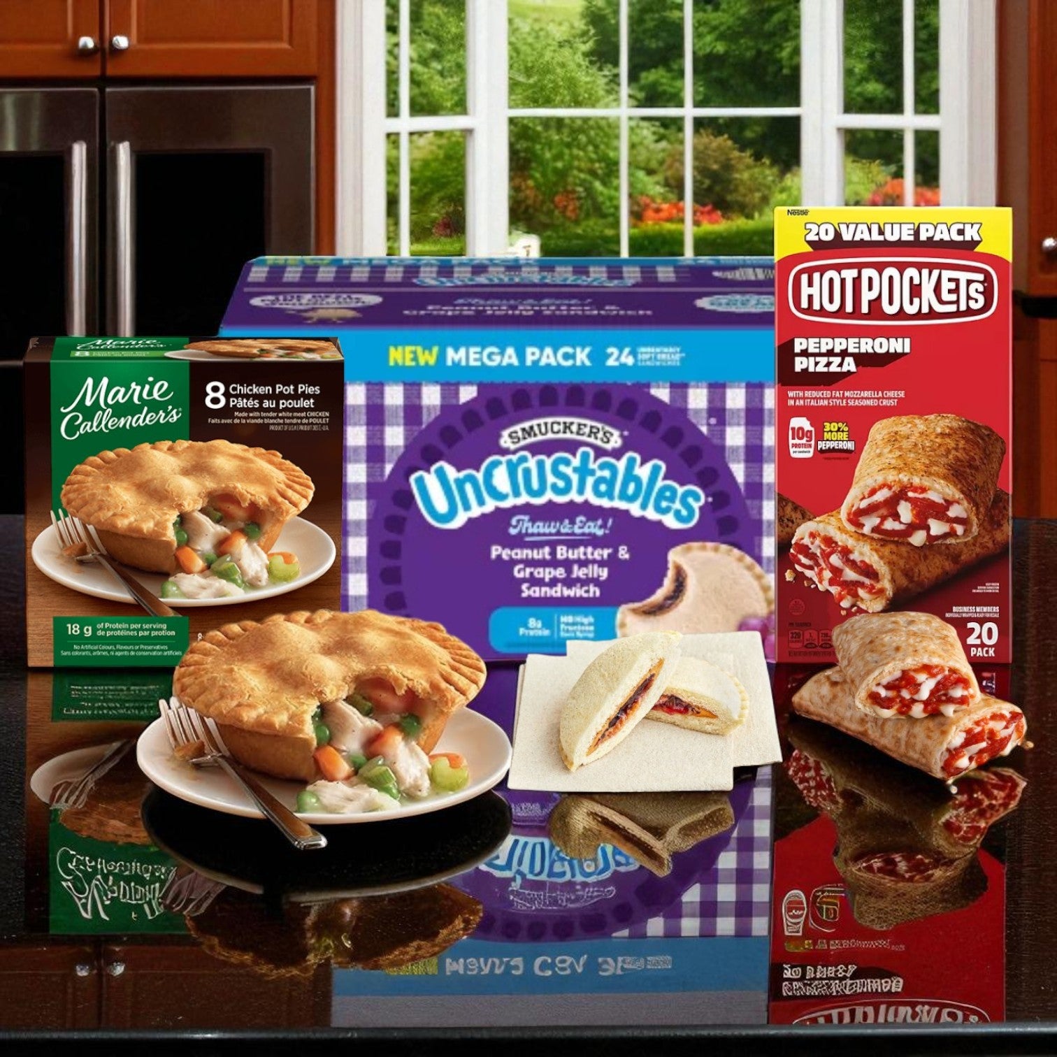 Assorted frozen foods on display, such as College Food Box—52 Meals! by Endless Market, perfect quick freezer meals for hungry college students.