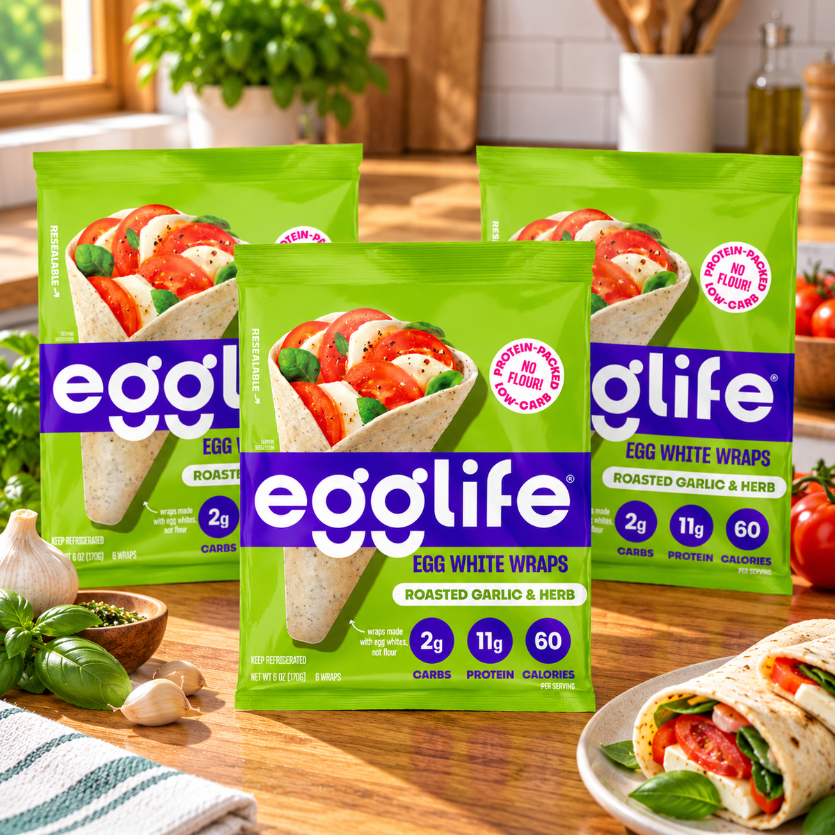 egglife Roasted Garlic & Herb Egg White Wraps — 3 Packs × 6 Count